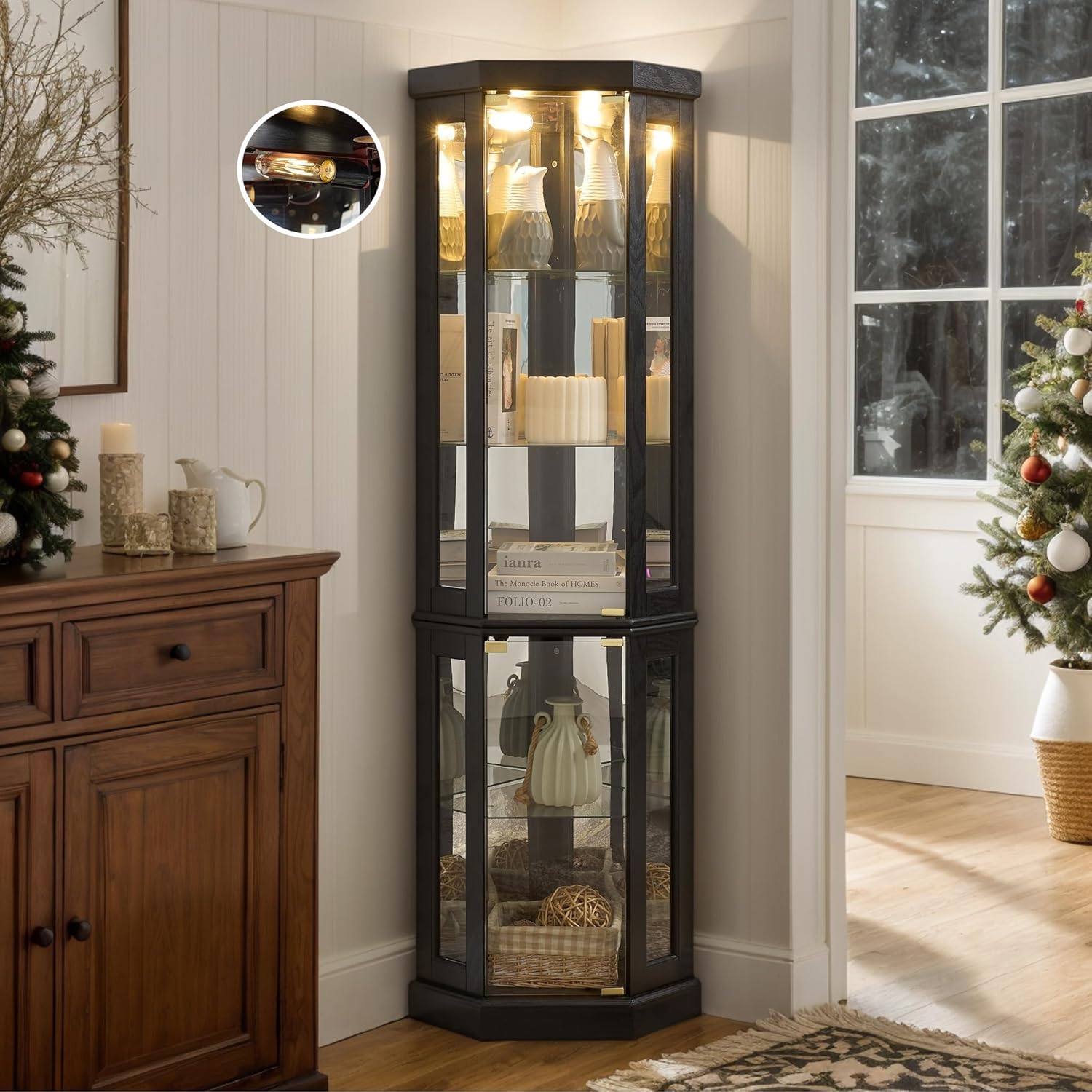 70" Corner Curio Cabinet with Storage for Bar and Liquor, Lighted Glass Display Case with Tempered Glass Doors, Adjustable Shelve, Wooden China Cabinet with Light Bulb for Living Room (Black)