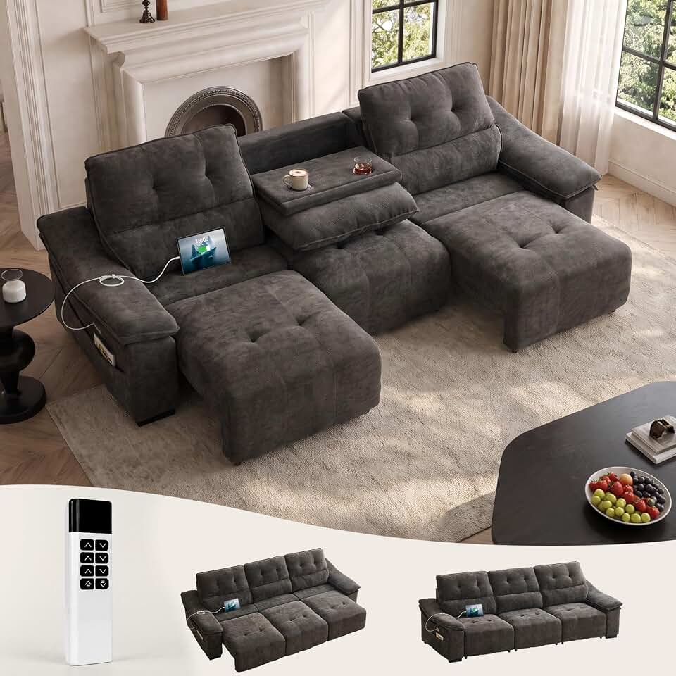 110” Electric Extendable Couch, Home Theater Seating, Reclining Sofa Bed