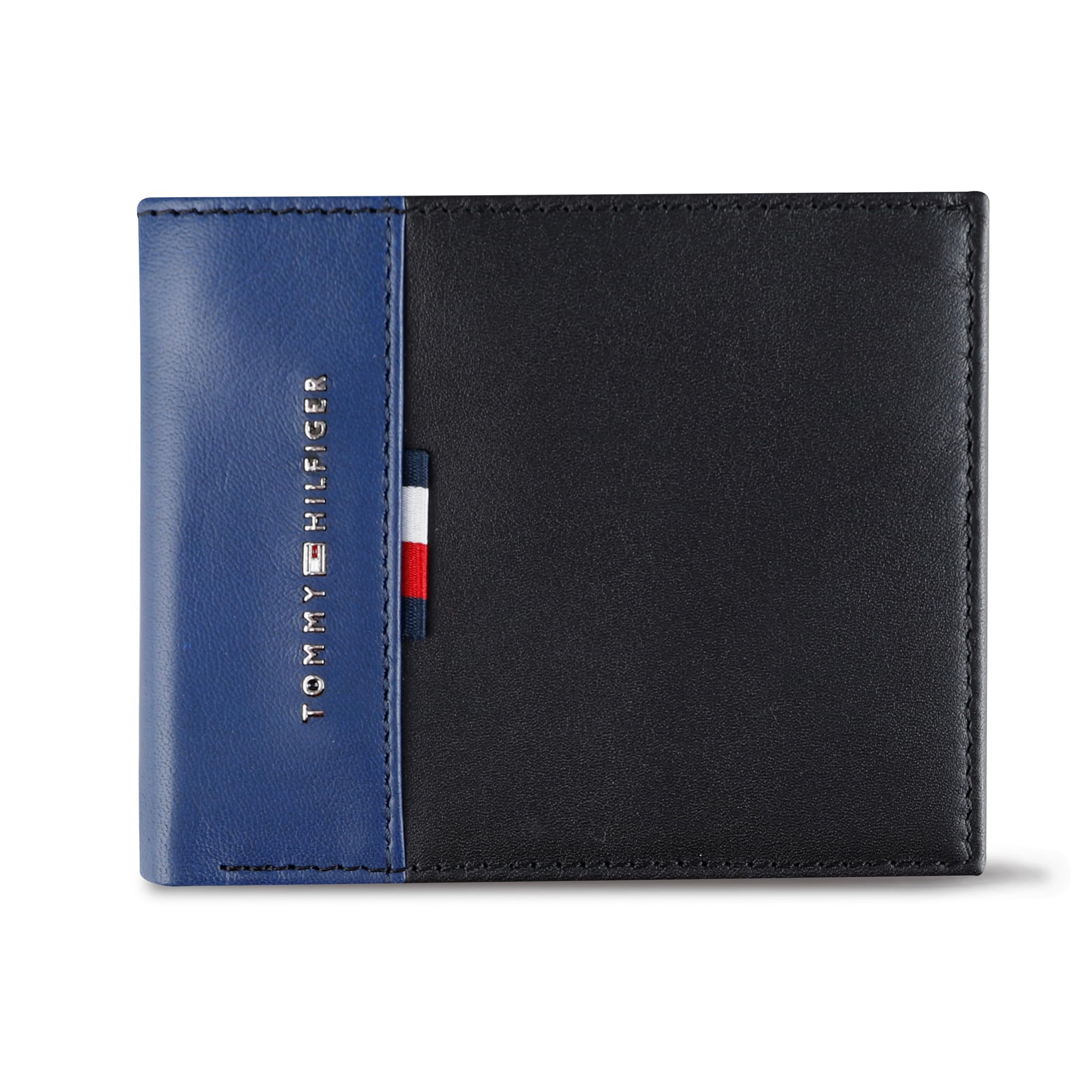 Mens Two-Tone Leather Slim Bifold Wallet with ID Window Blue/Black