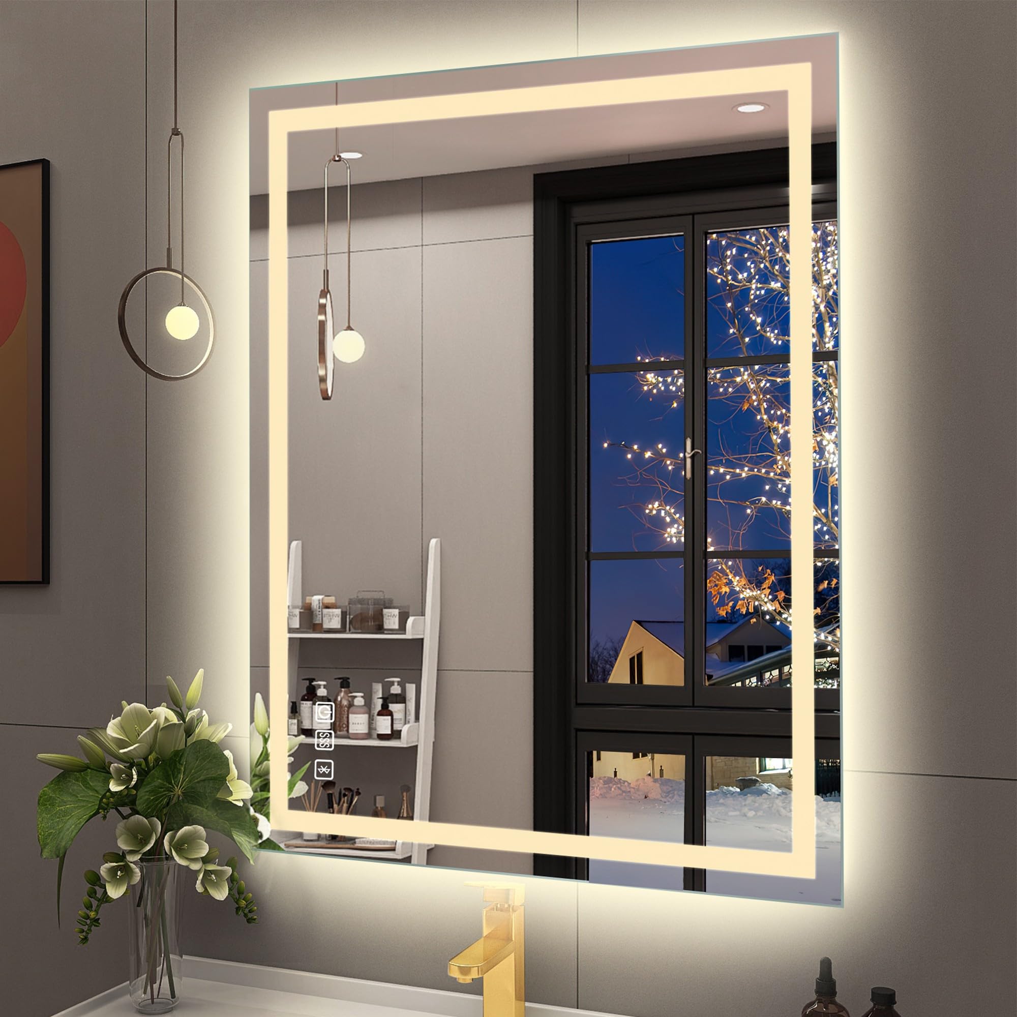 500x700 mm Bathroom-Mirror-with-LED-Lights and Bluetooth, LED-Bathroom-Wall-Mirror with Anti-Fog, 3 Colors Dimmable, Memory Function, Tempered Glass CRI90+, IP44, Horizontal/Vertical