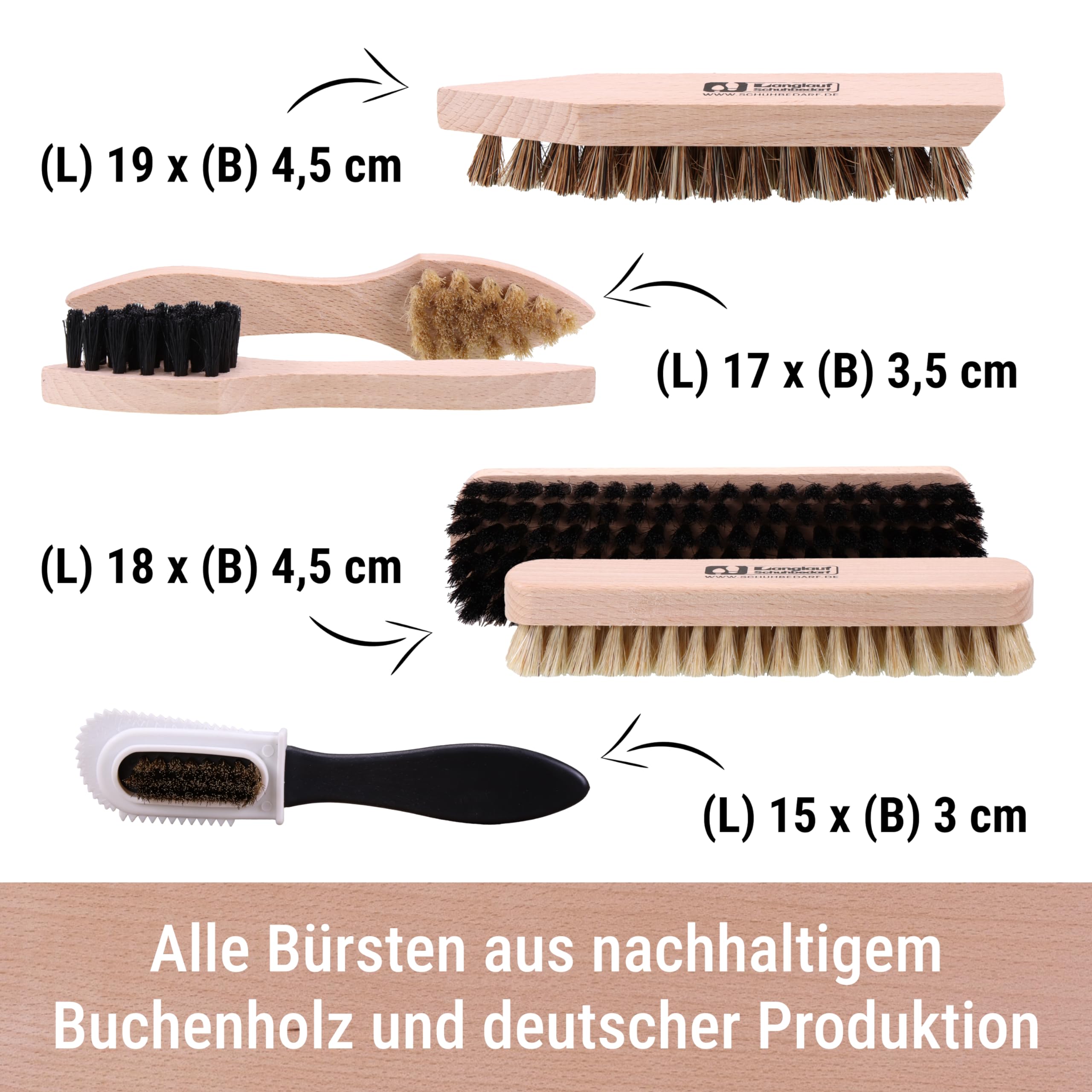 Langlauf Schuhbedarf Schuhputzset II 9tlg I Schuhbürsten Set zum putzen, Made in Germany I Schuhpflegeset mit Bürstenset für Wildleder, Rauleder, Leder - made in Germany