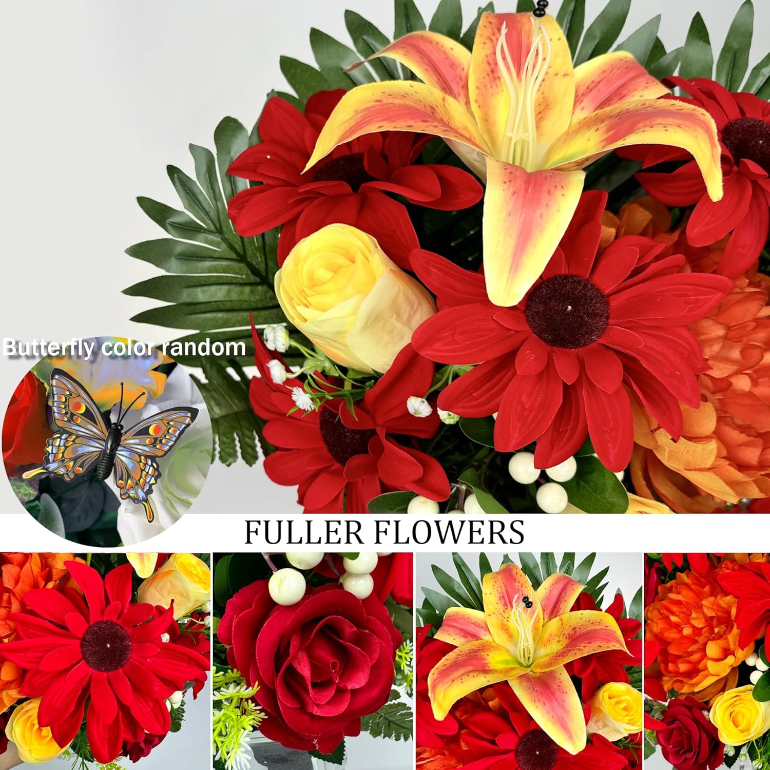 Handmade Cemetery Flowers with Grave Vase for Tombstone Decoration-Funeral/Memorial Flower, Graveside Flowers of Artificial Rose Sunflower Lily Berry,Non-Bleed Color