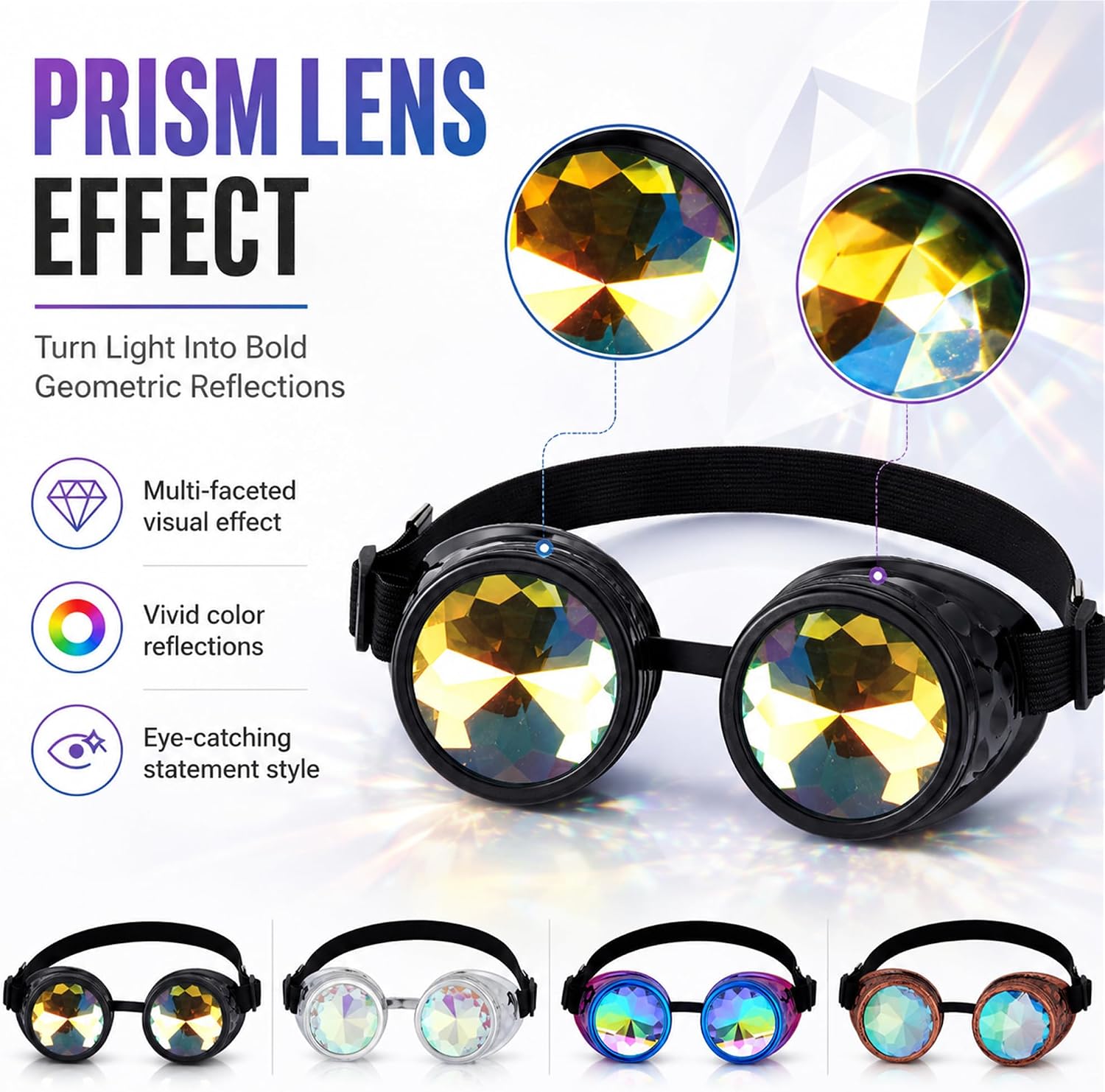 Lelinta Kaleidoscope Round Goggles with Adjustable Straps | Rainbow Crystal Lenses,Perfect for Raves, Costume Parties