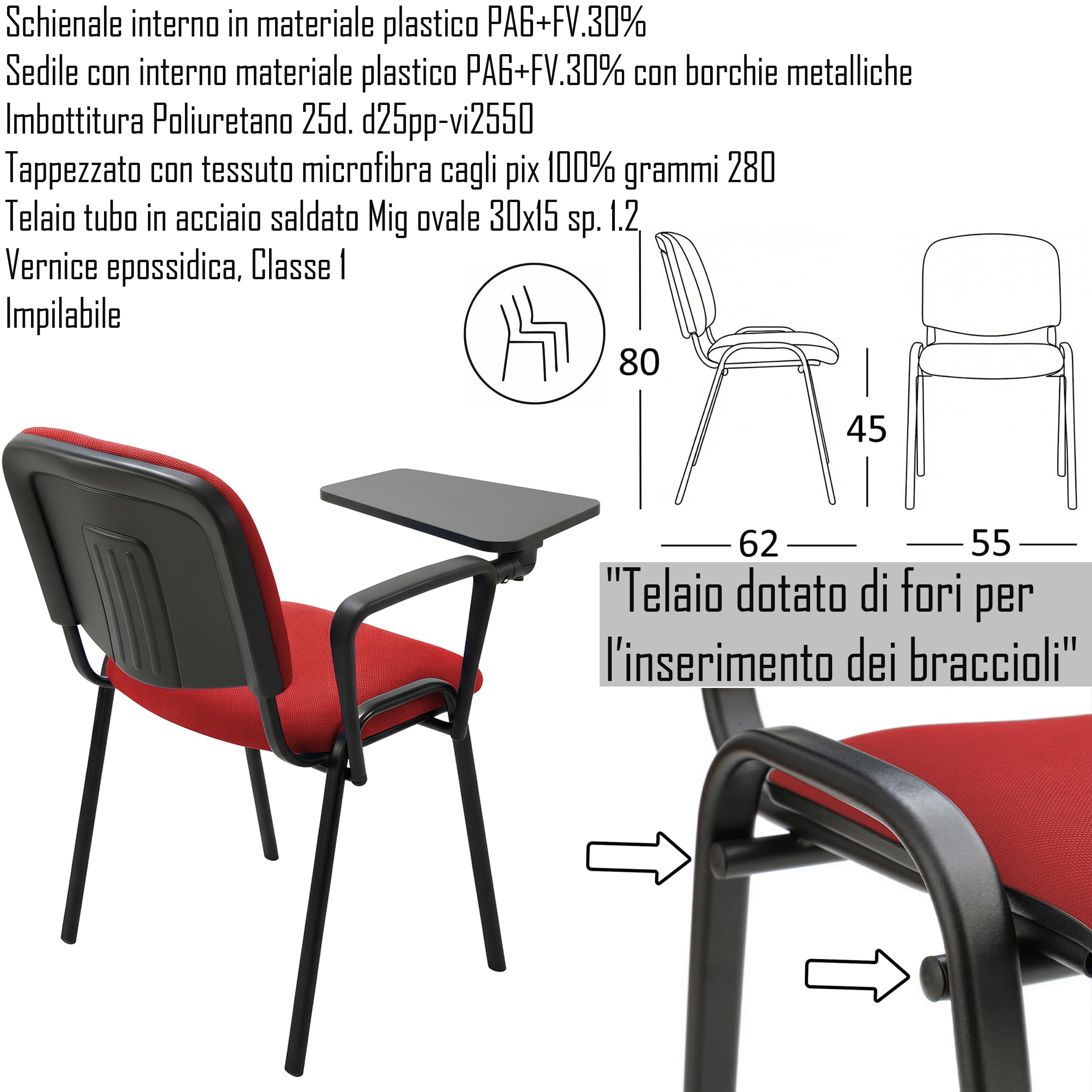 Generico Sedia VENERE FISSA SEDIA PER UFFICIO E SALE ATTESA RIUNIONI CON STRUTTURA IN METALLO VERNICIATO e SEDUTA IMBOTTITA RIVESTIMENTO in TESSUTO MICROFIBRA colore ROSSO