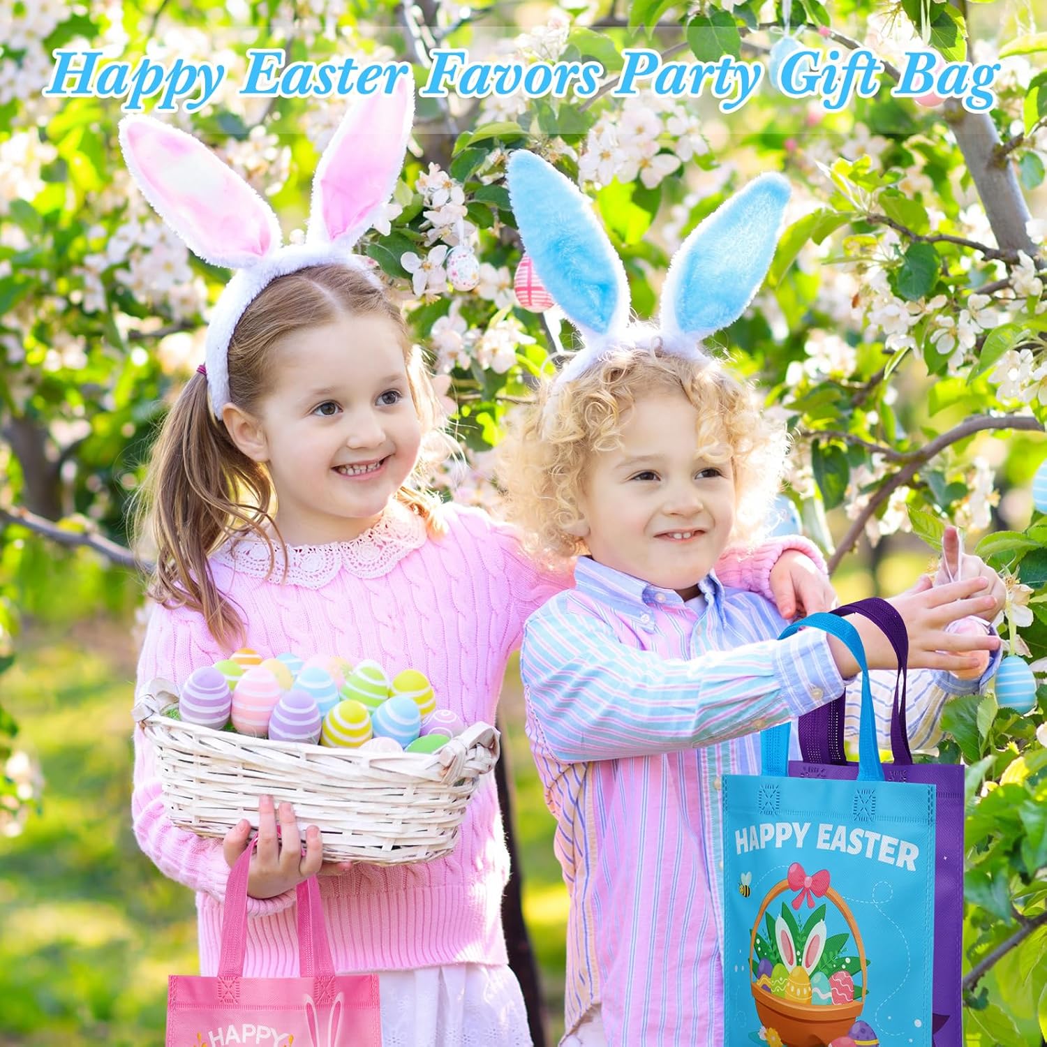 Sweetude 120 Pcs Easter Tote Bags Bulk with Handles Bunny Reusable Party Non Woven Treats Goodie Bags for Easter Party Supplies(Rabbit) - Image 2