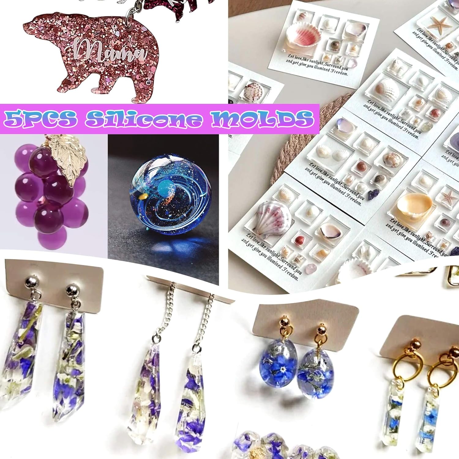 JILLSKY UV Resin Kit 300g with Light & Molds, Crystal Clear Fast Cure UV Resin for Jewelry Making, Keychains, Earrings and DIY Crafts with Flowers, Pigments & Tools - Image 5