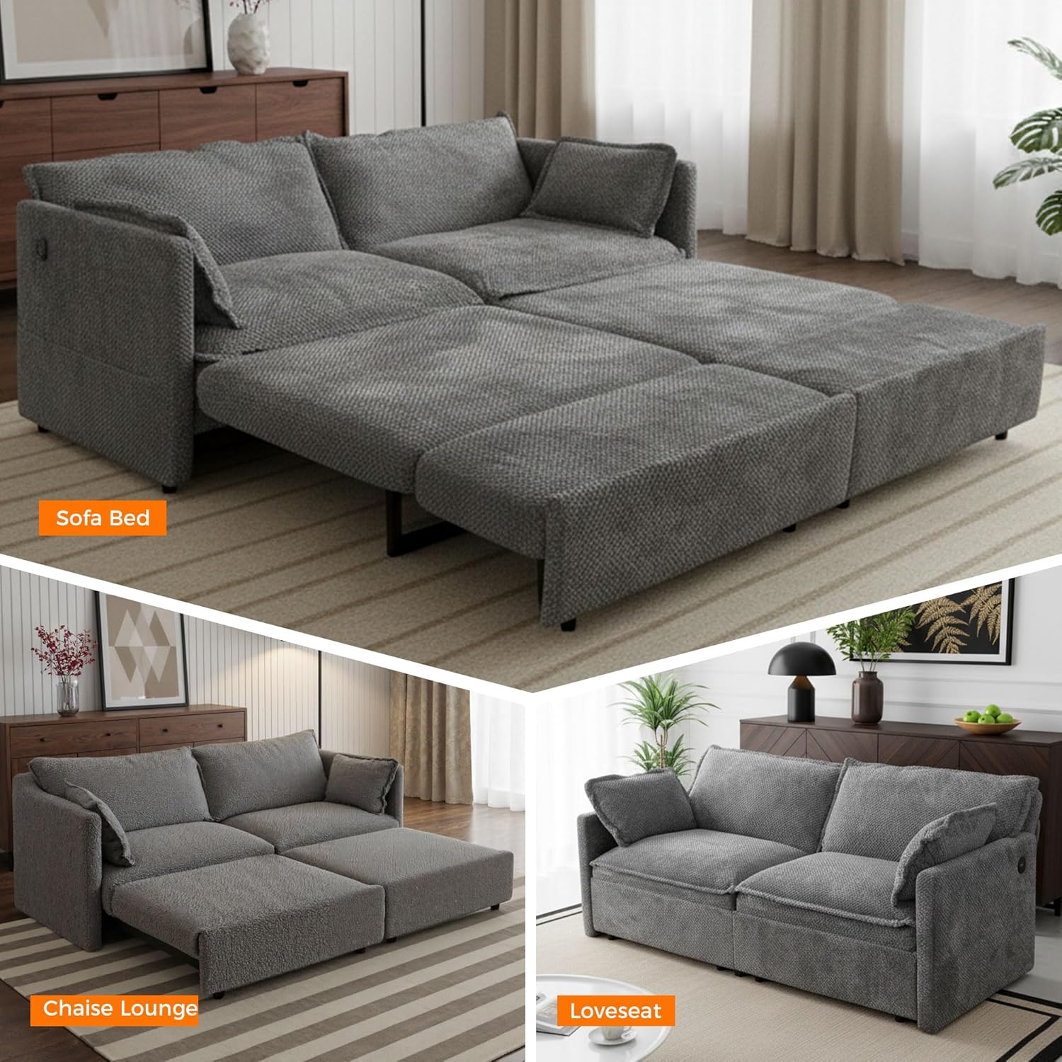 3 in 1 King Size Sofa Bed-73.6" Convertible Sofa Bed with USB/C-Type Charging Ports,Corduroy Sleeper Sofas with Side Pockets,Loveseat Chaise Lounge for Living Room,Bedroom,Apartments,Grey