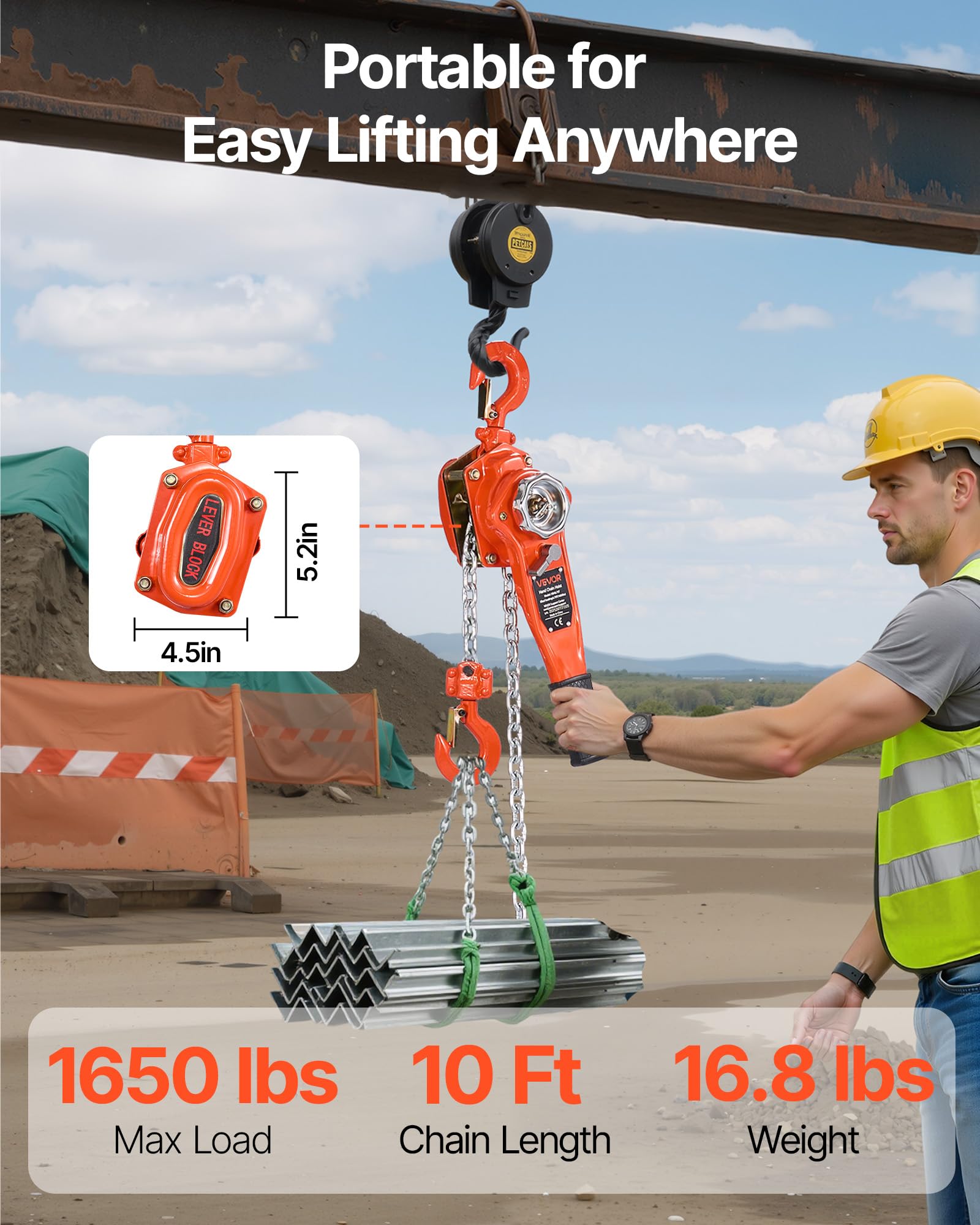 VEVOR Mini Polipasto de Cadena Manual de Palanca, 0,75 T, Elevación de 3 m, con freno mecánico de doble trinquete, ganchos giratorios 360°, para almacén, construcción y garaje, 460 x 115 x 155 mm