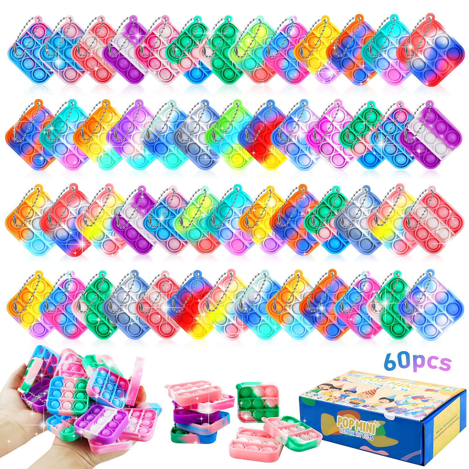 Gytera 60Pcs Mini Pop Keychain Fidget Toys, Pop Bubble Fidget Keychains Squeeze Toys, Square Pop Stress Relief Toys for Autism Valentines Day Gift for Kids