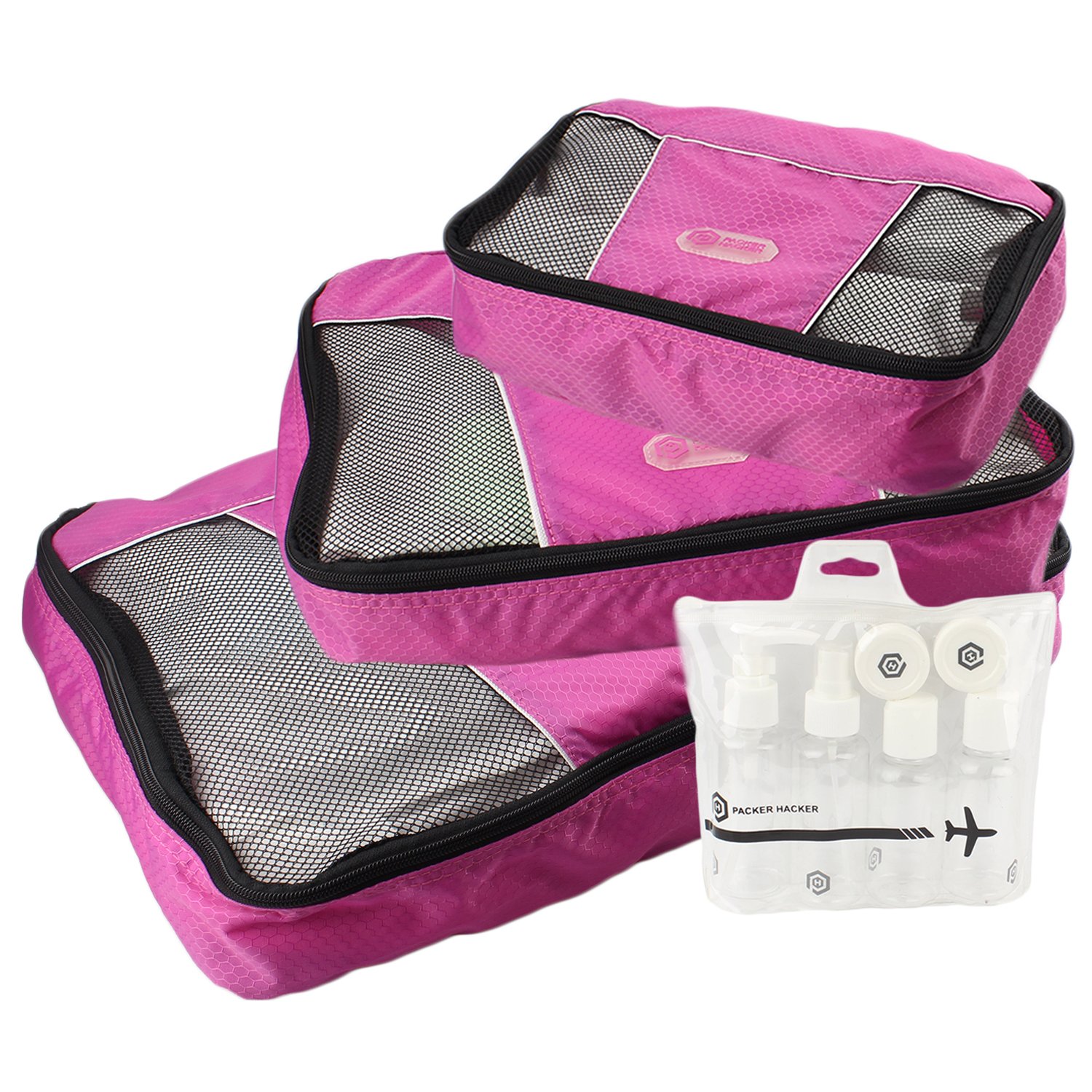PACKER HACKER Travel Packing Cubes 3 Piece Set with Bonus Toiletries Carry-On Bag