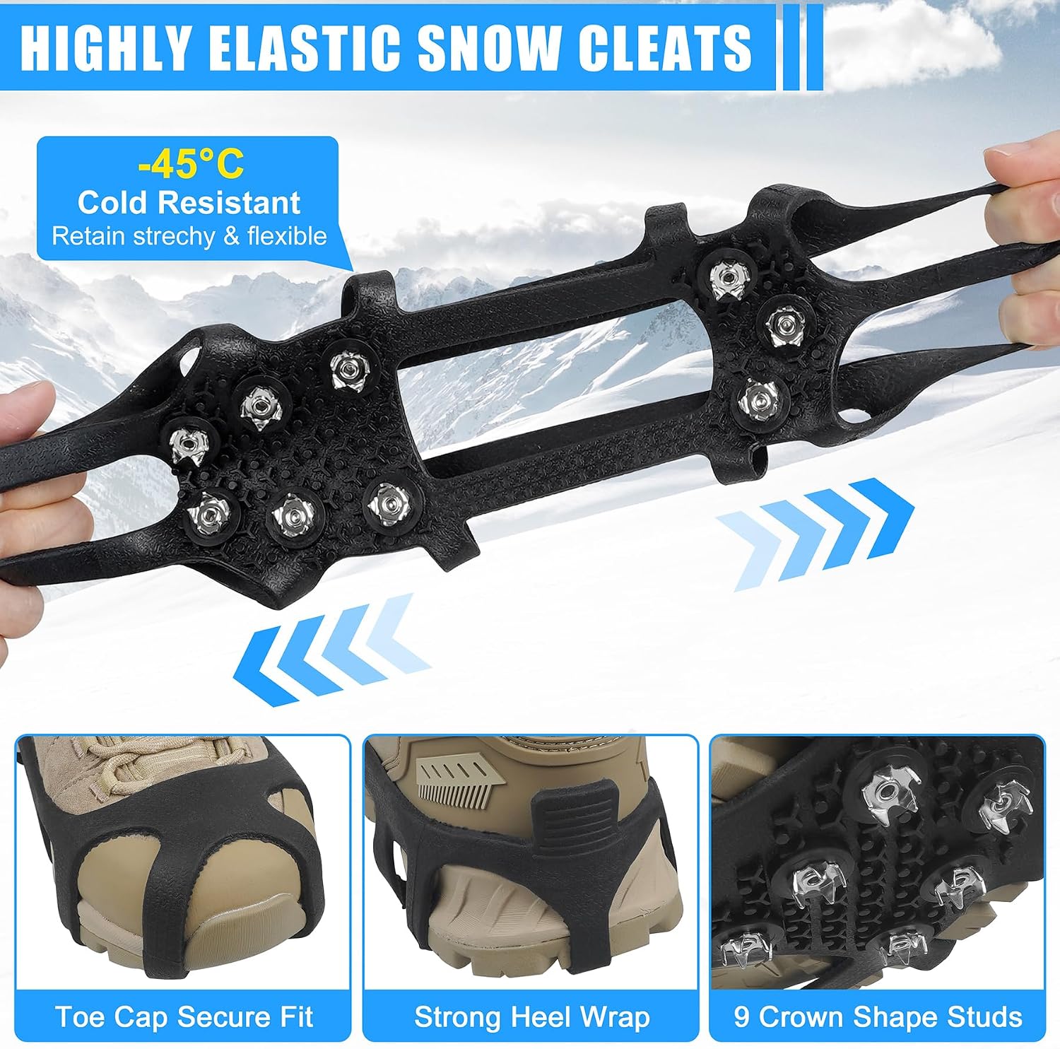 Ice Cleats for Shoes and Boots Men Women Non-Slip Spikes Shoes Grippers, Crampons Ice Snow Cleats Stretchable Rubber Overshoes Footwear Traction for Snow Walking