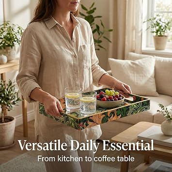 Rectangular - Plastic Decorative Tray with Handles Modern Vanity Serving For Ottoman, Coffee Table, Kitchen And Bathroom 15.7 x 11.8 Inch (Morris green)