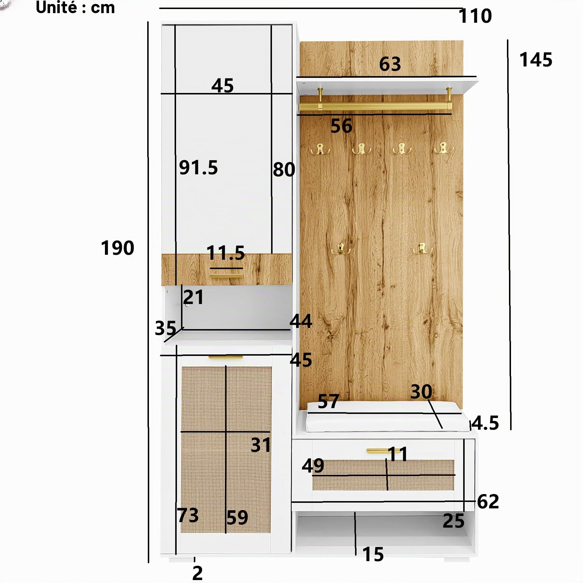 ZYLOYAL10 Ensemble de garde-robe avec miroir, 5 crochets dorés, armoire à chaussures, porte-manteau mural, compartiment de rangement supérieur, banc et éclairage LED 16 couleurs