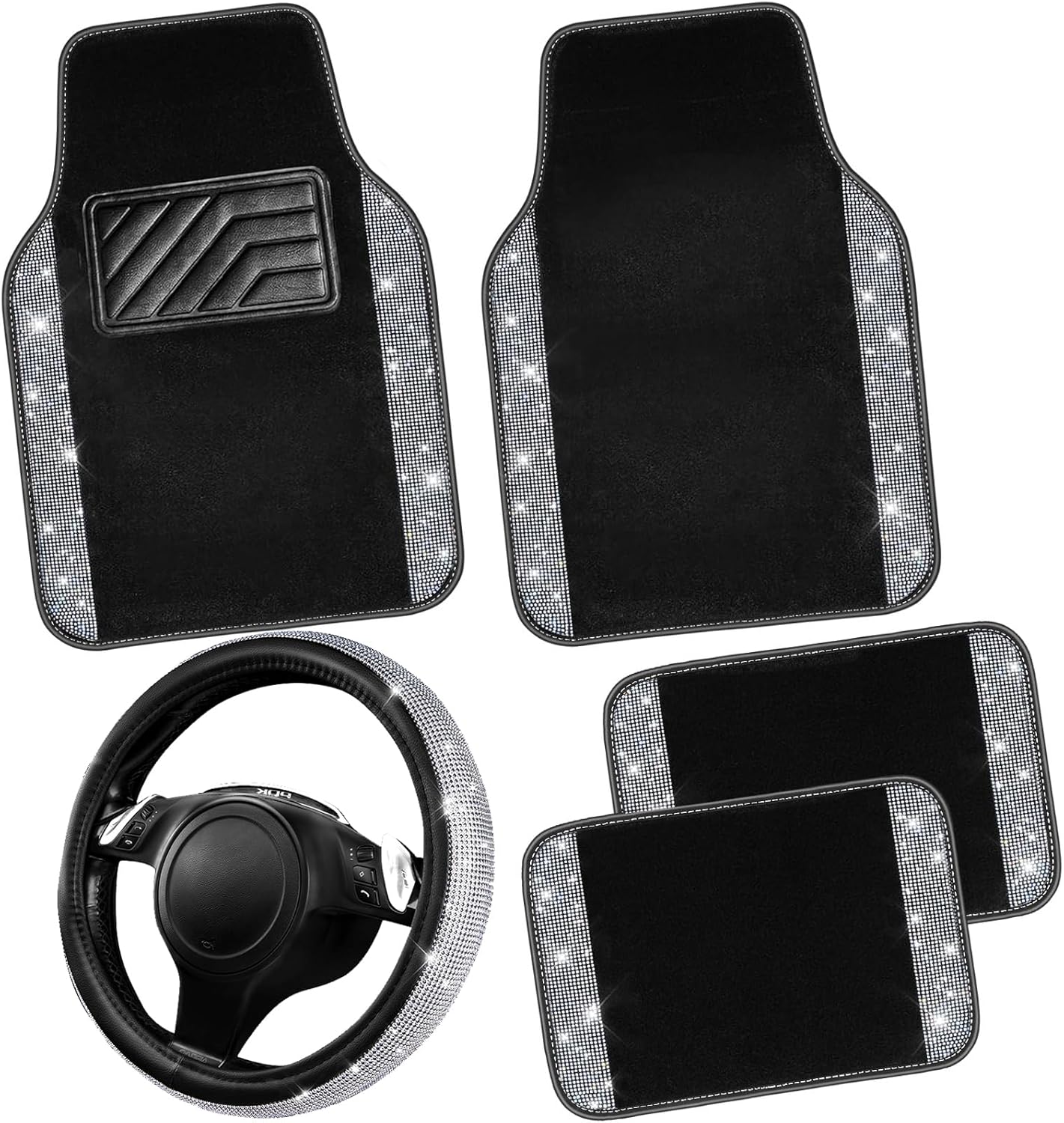 CAR PASS Bling Diamond Leather Steering Wheel Cover 14.5in-15in Floor Mats Shining Rhinestone Carpet Sparkly Glitter Crystal Anti-Slip Pad Fit Automotive SUV Pickup Truck Girl Women, 5pcs Black Sliver