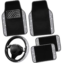 CAR PASS Bling Diamond Leather Steering Wheel Cover 14.5in-15in Floor Mats Shining Rhinestone Carpet Sparkly Glitter Crystal Anti-Slip Pad Fit Automotive SUV Pickup Truck Girl Women, 5pcs Black Sliver