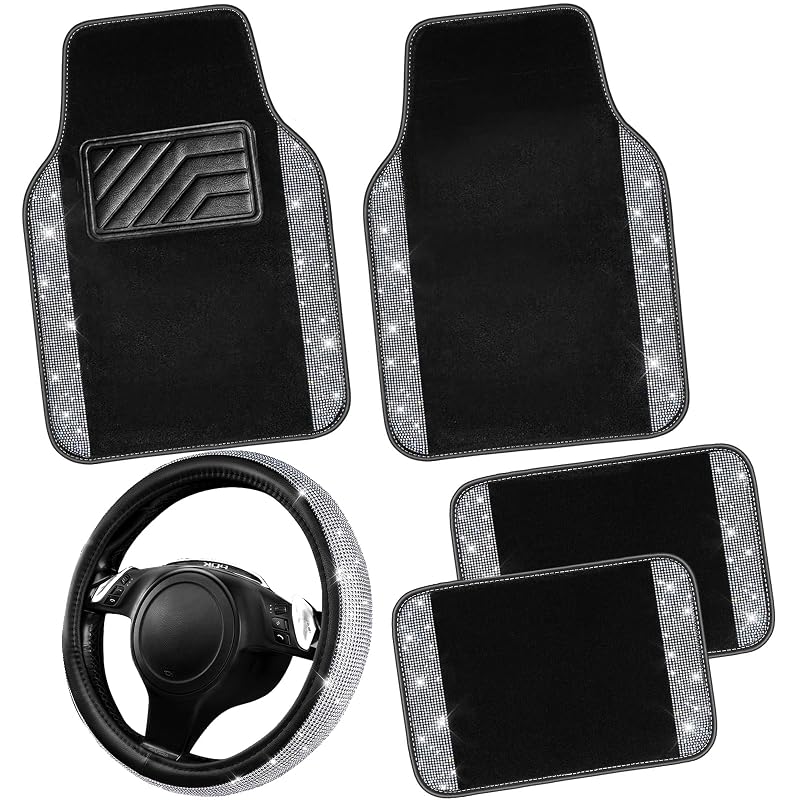 Kit de acessórios internos CAR PASS com capa para volante e tapetes com detalhes brilhantes, Preto e prata, 5 peças