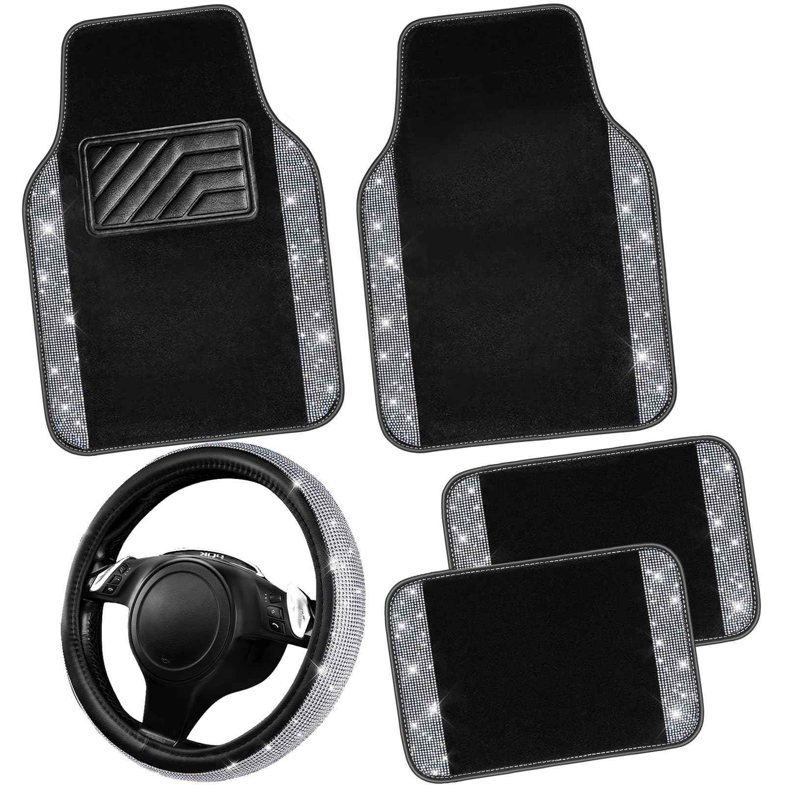CAR PASS Bling Diamond Leather Steering Wheel Cover 14.5in-15in Floor Mats Shining Rhinestone Carpet Sparkly Glitter Crystal Anti-Slip Pad Fit Automotive SUV Pickup Truck Girl Women, 5pcs Black Sliver