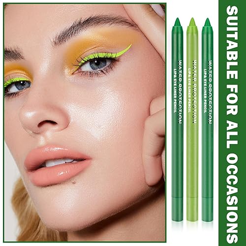 Miniatura 7 de Juego de 3 lápices delineadores de ojos verdes, delineador de ojos colorido con purpurina metálica, lápiz de sombra de ojos brillante, kit de