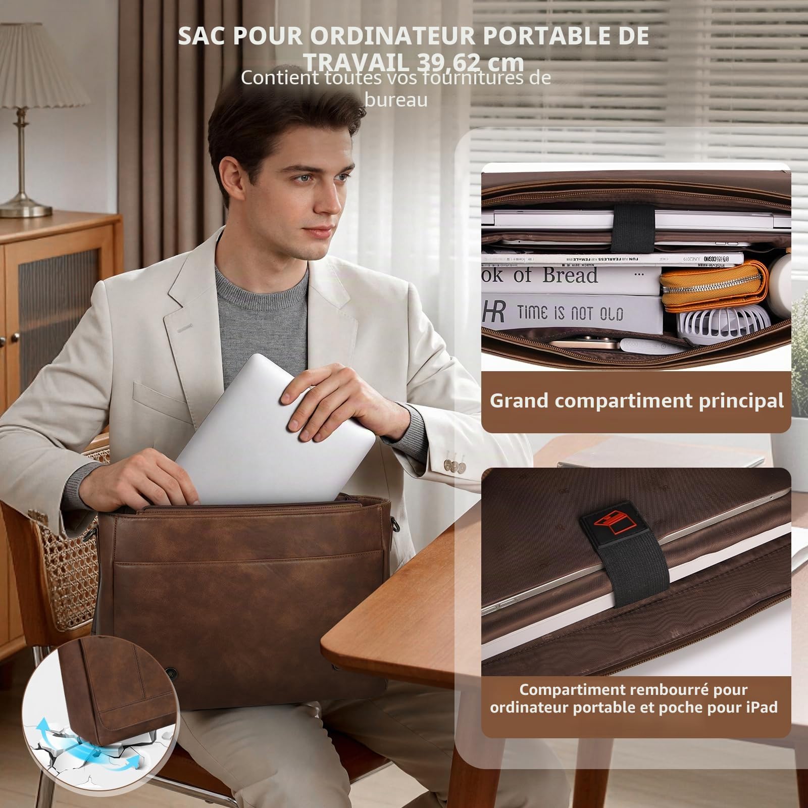 RAINSMORE Sac à bandoulière en cuir pour homme de 15,6 pouces - Étanche - Style vintage - Grande sacoche à bandoulière - Pour le travail, le bureau, l'université