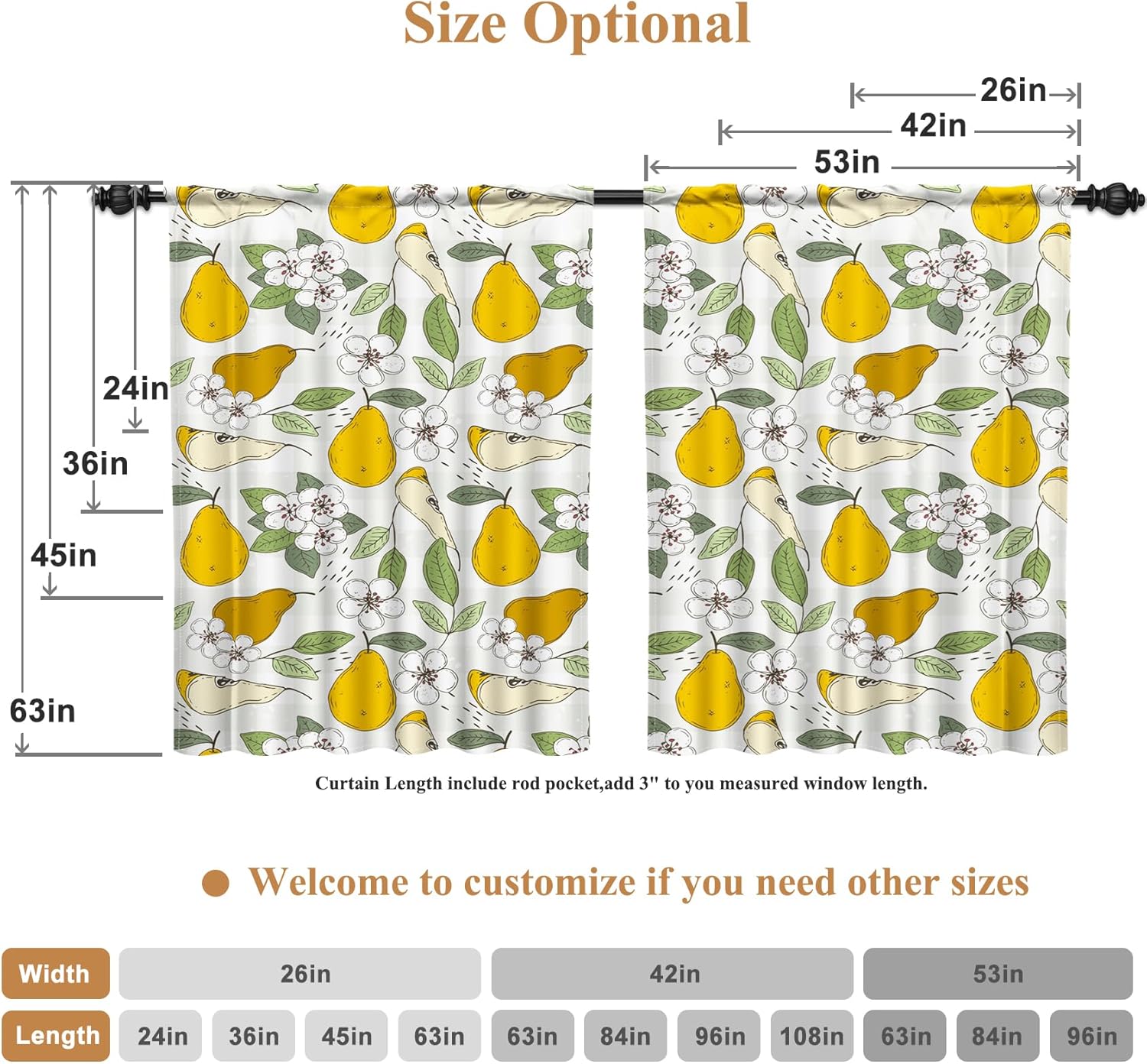 Renaiss 53 x 96 Inch Fruit Pears Curtains for Baby Nursery Room Kids Bedroom Pear Flower Plaid Check Window Treatment Fruit Theme Cafeteria Dining Room Decor Curtain Rod Pocket Window Drapes 2 Panels