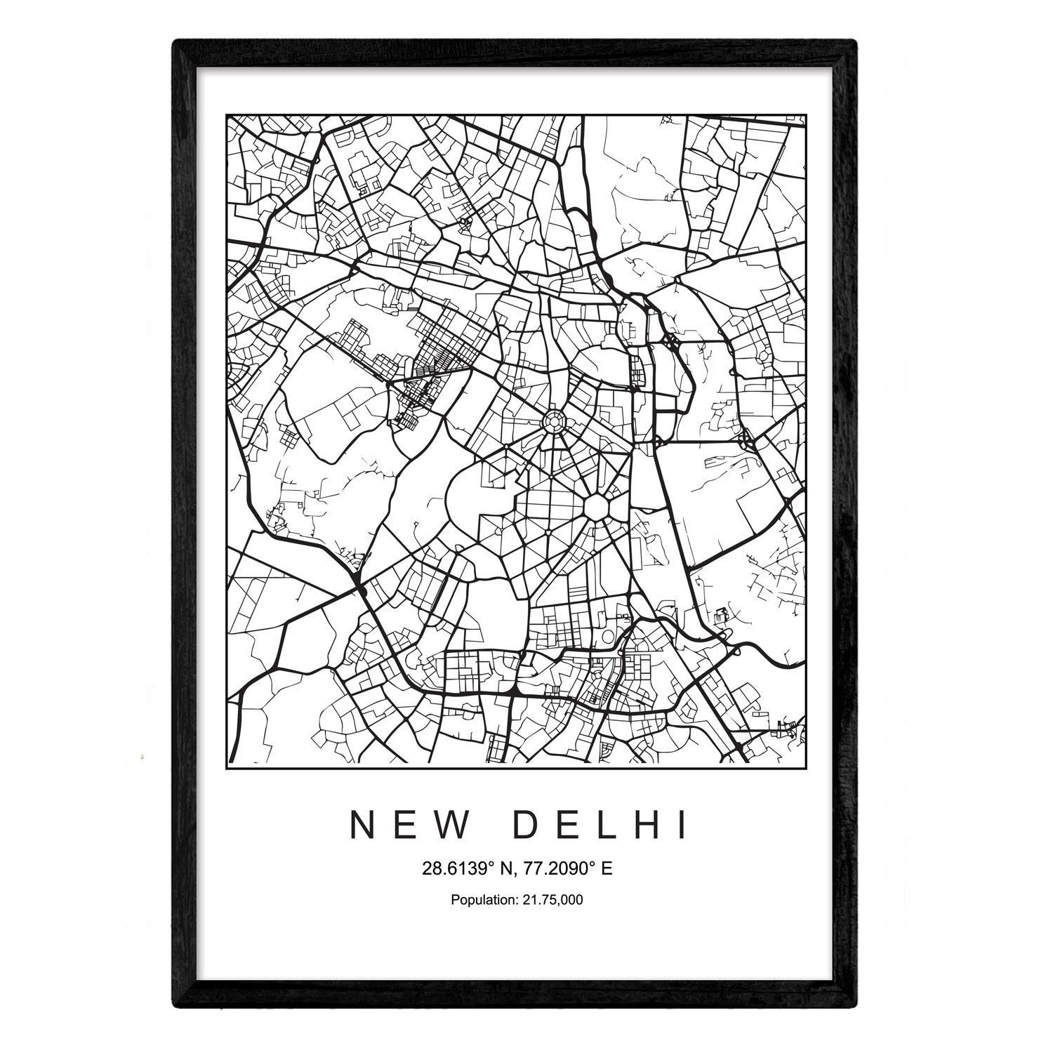 NACRIC Map of the city New Delhi Nordic style in black and white. Poster A3 Size Framed with Black Frame Printed Paper 250 gr. Pictures, sheets and posters for Salon and Bedroom — image 1