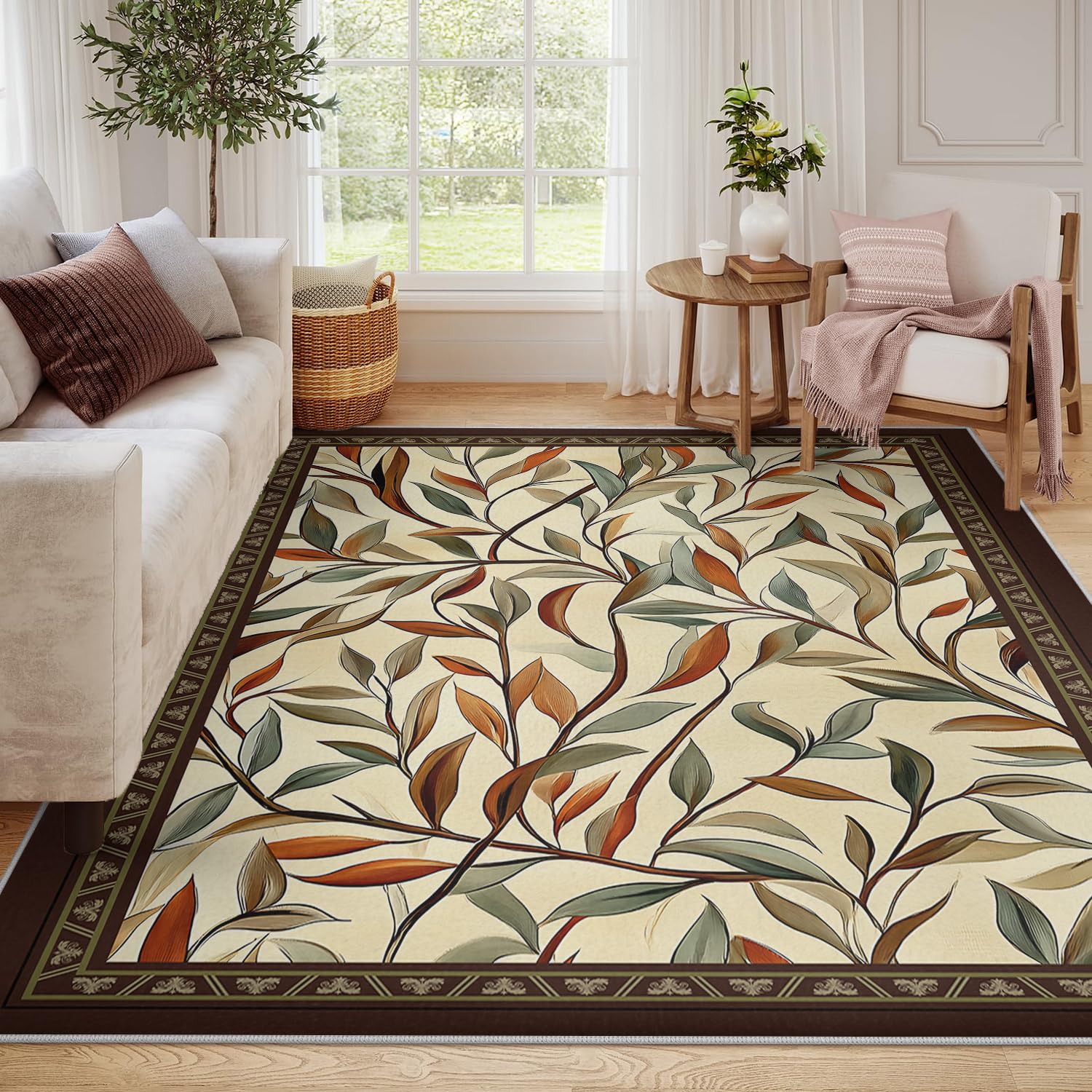 Dywan kuchenny w stylu retro, 140 x 200 cm, jesienny nadruk gałązek, duży dywan do jadalni, korytarza, ciepłe, płaskie runo, brązowa krawędź, mata podłogowa nadaje się do prania