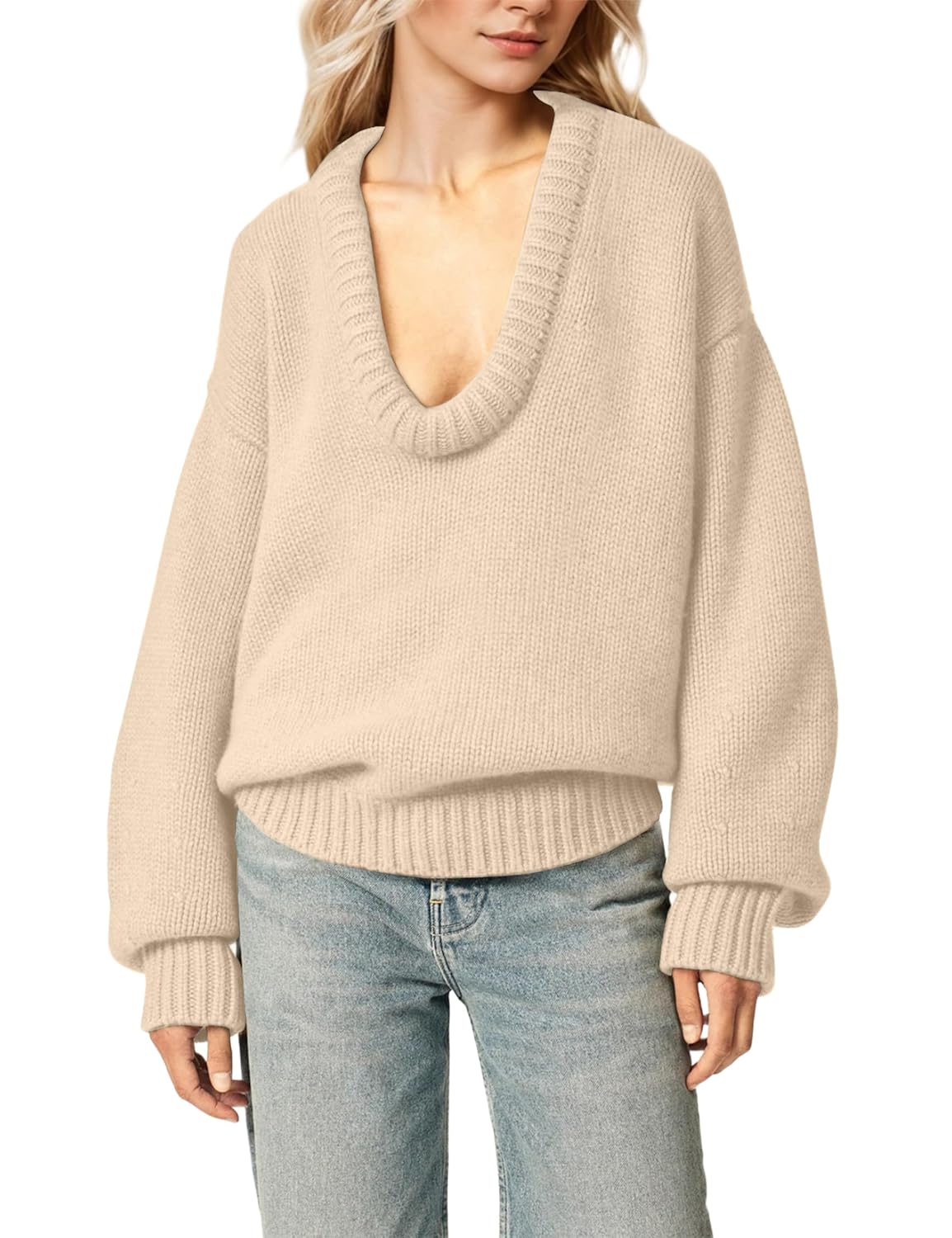 Livtany Womens Oversized Ribbed Deep V Neck Sweater Long Sleeve Drop Shoulder Pullover Top Casual 2025 Trendy Fall