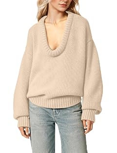 Livtany Womens Oversized Ribbed Deep V Neck Sweater Long Sleeve Drop Shoulder Pullover Top Casual 2025 Trendy Fall