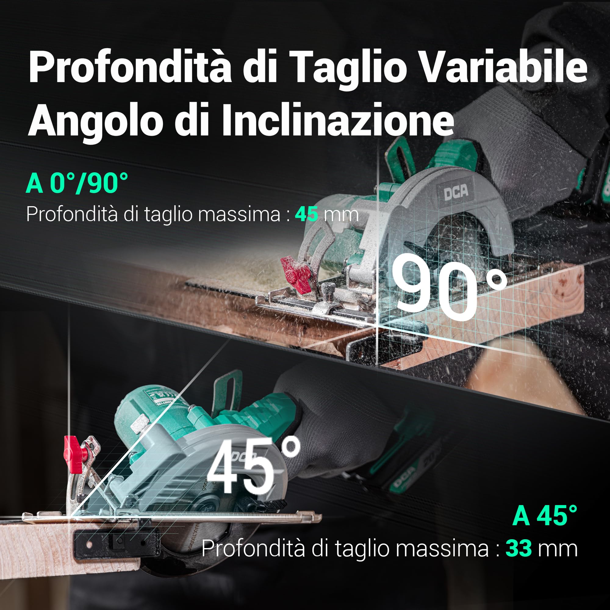 DCA Sega Circolare Mini Senza Spazzole, 2 Velocità 6700/4200 Rpm con 20V 4,0Ah Batteria, 3 Lame Ø125mm e Guida, Profondità Taglio 45mm(90°)/33mm(45°), Per Legno, Plastica, PVC