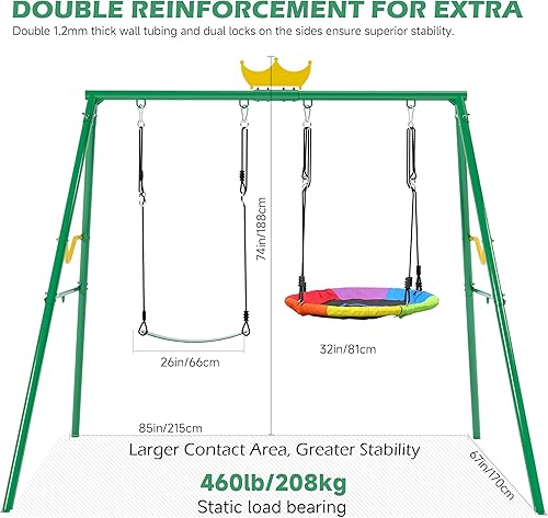 Miniatura 5 de PANGU Crown - Columpio y hamaca 2 en 1, juego de columpio de 2 asientos de 460 libras para patio trasero, juego de columpios para niños al aire