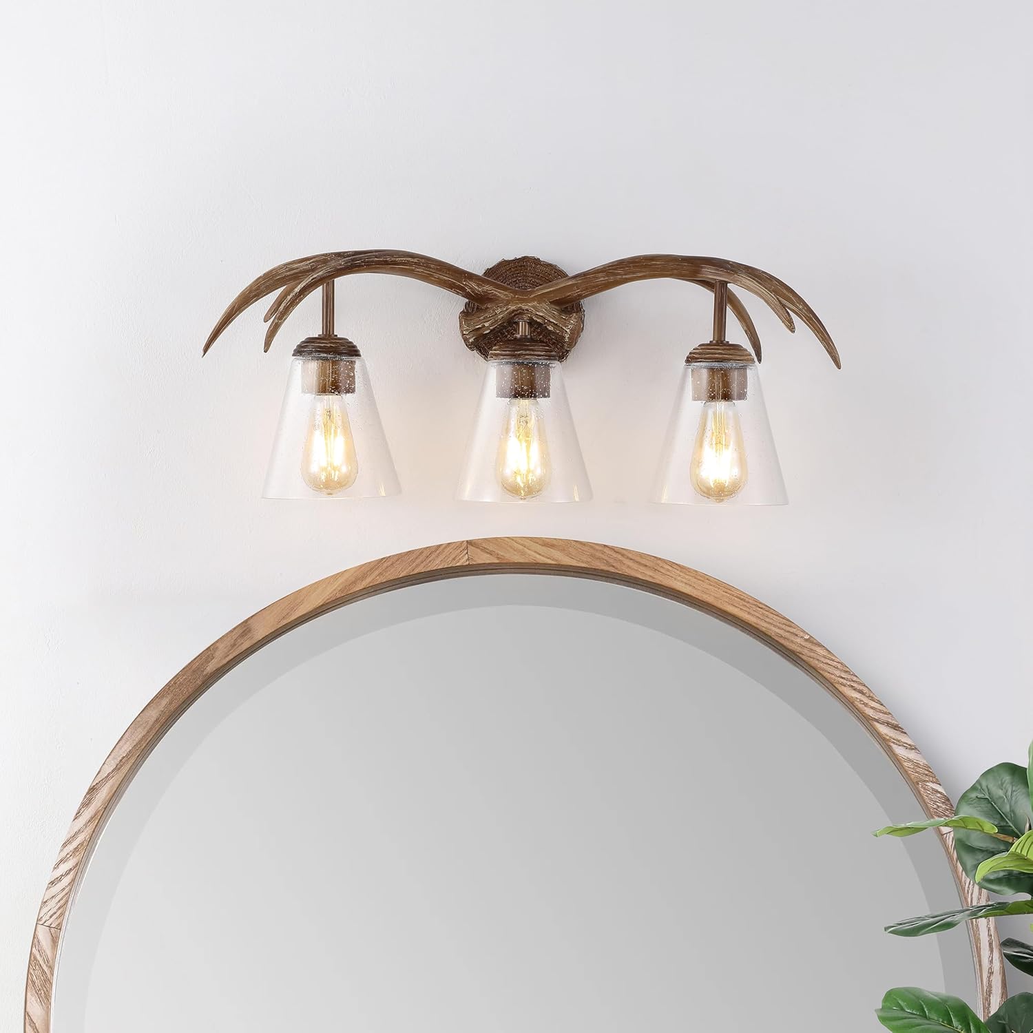 JONATHAN Y 25.5" Brown Wood Finish 3-Light Resin Faux Antler LED Vanity Light, Southwestern Bohemian Wall Sconce with Seeded Glass Shades, UL Listed, LED Bulbs Included JYL6309A