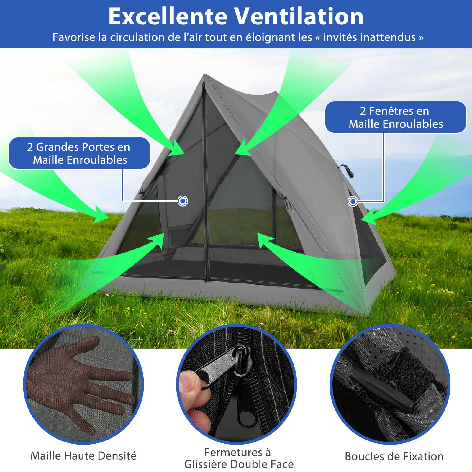 GOPLUS Tente de Camping pour 4-6 Personnes, Tente Familiale Tipi Chapiteaux, 3 Portes, 3 Fenêtres en Maille,Sac de Transport, pour Randonnée, Voyage