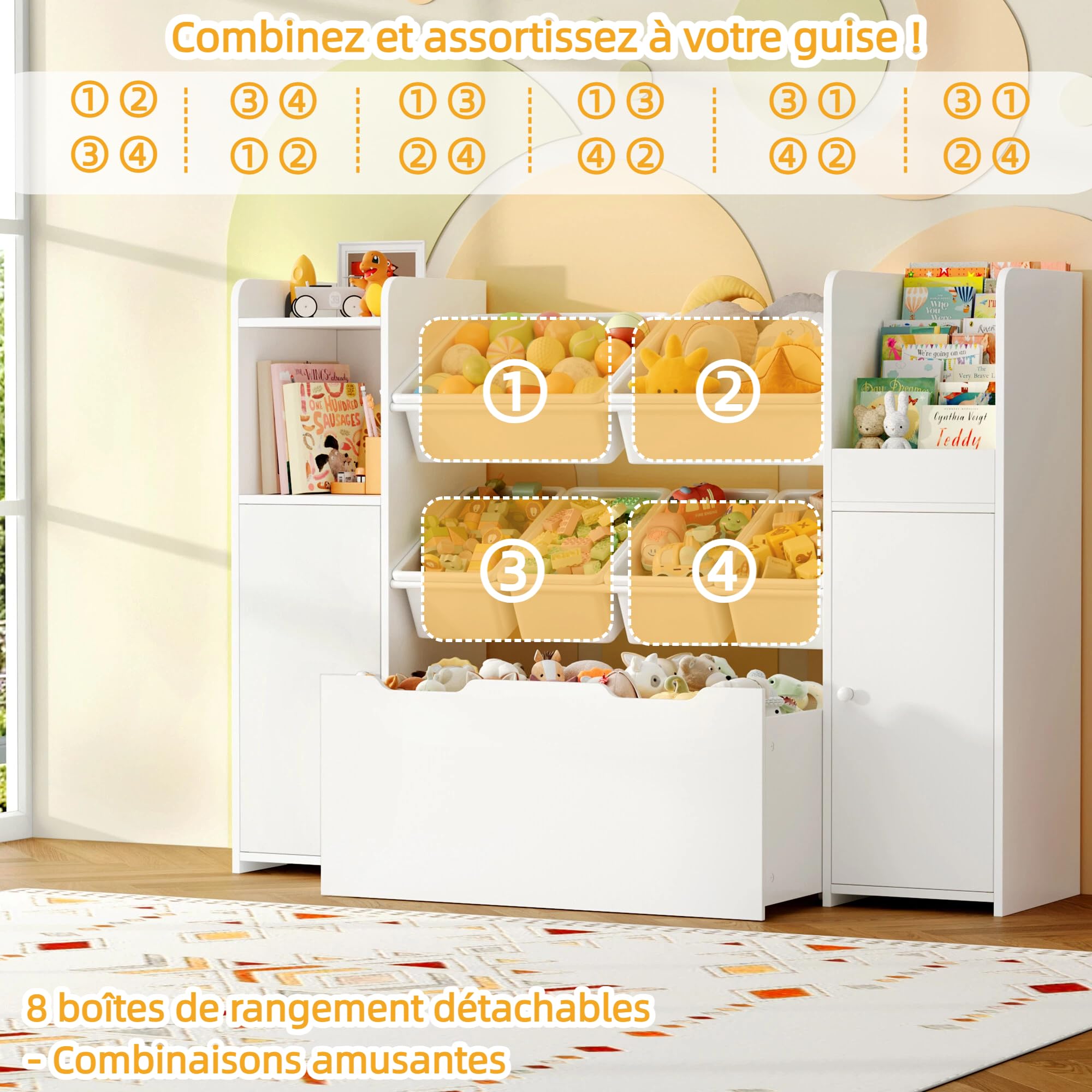 FOREHILL Meuble Rangement Enfant avec 6 Boîtes Amovibles 138x30x94cm Blanc | Bibliothèque chambre d'enfant avec 9 étagères 1 grand tiroir, Rangement jouet enfant et livres, Meuble enfant salle de jeu