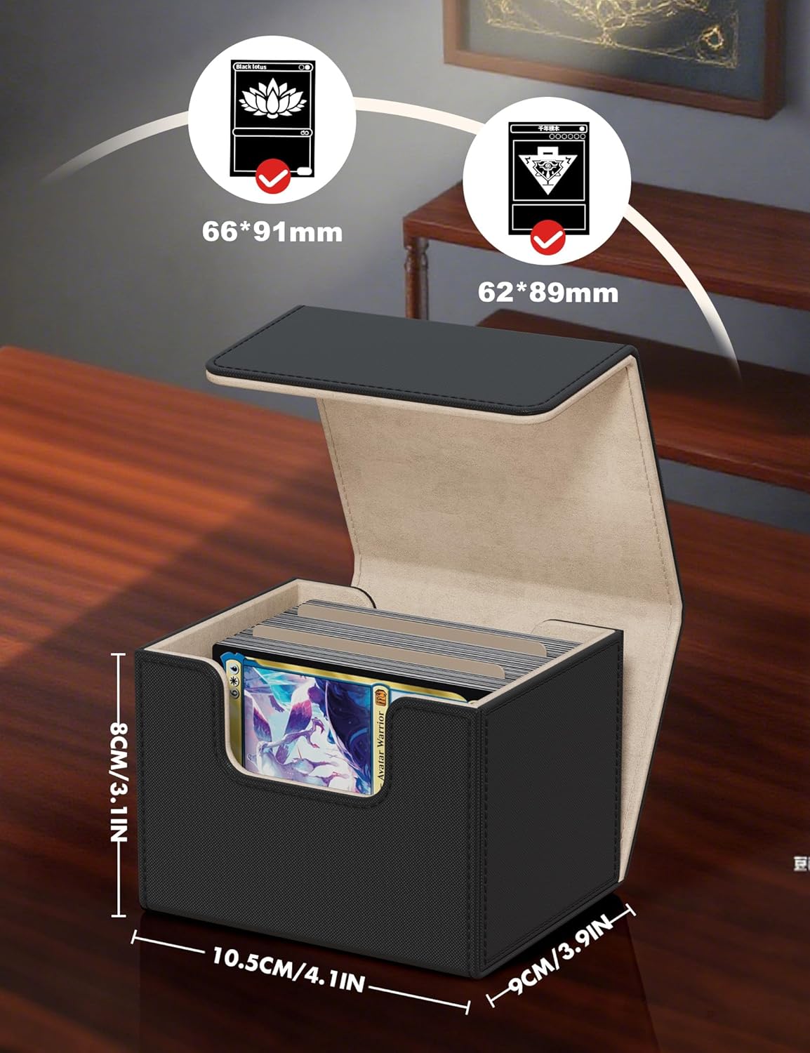 Card Deck Box for Trading Cards, MTG Commander Deck Box Holds 120+ Single Sleeved Cards, Leather Magnetic Card Storage Box Fits for TCG CCG Magic Cards (Black&Gold)