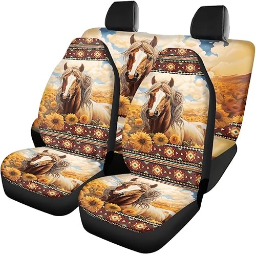 Fundas de asiento de automóvil con diseño de girasol para SUV, camión, camioneta, caballo azteca, funda de asiento delantero y trasero, accesorios