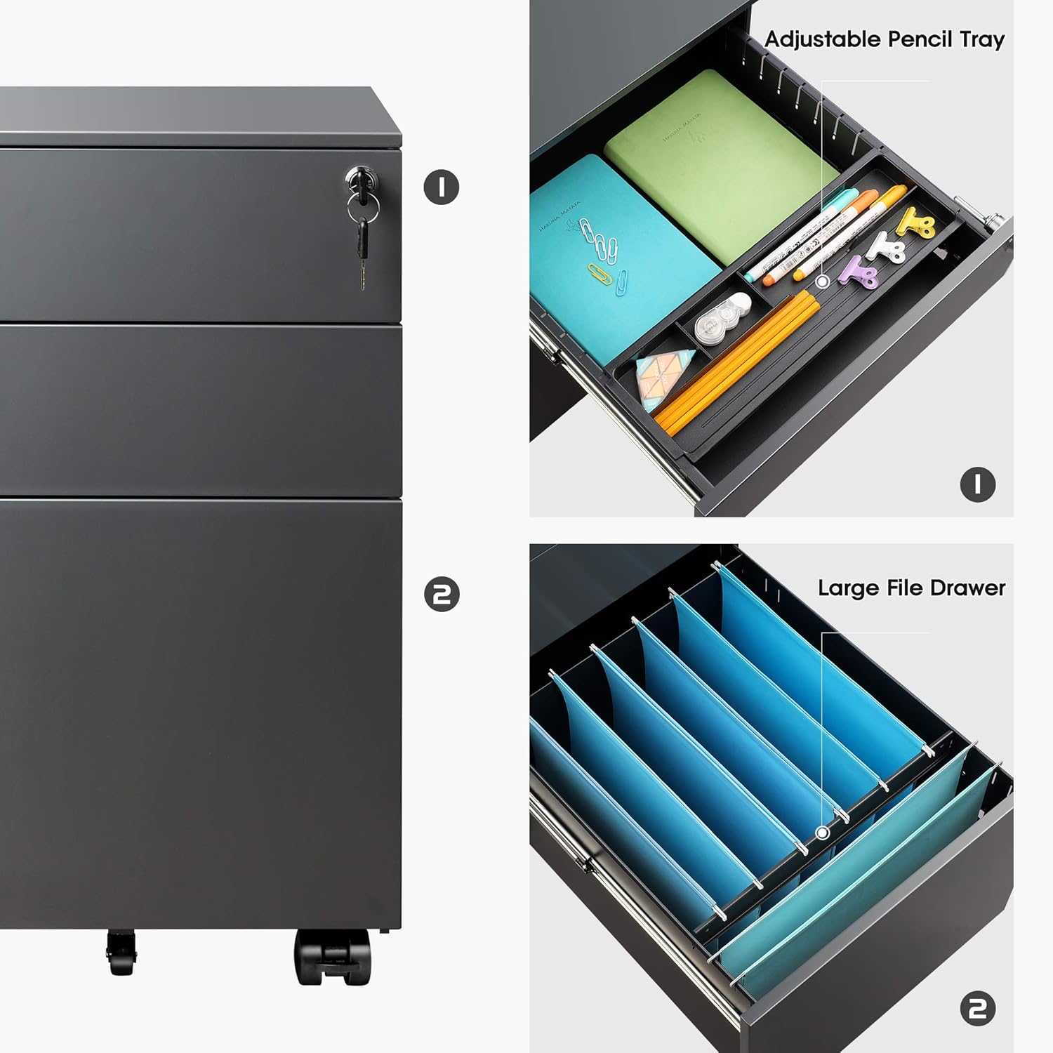 DEVAISE Locking File Cabinet, 3 Drawer Rolling Pedestal Under Desk, Fully Assembled Except Casters, Dark Gray : Office Products