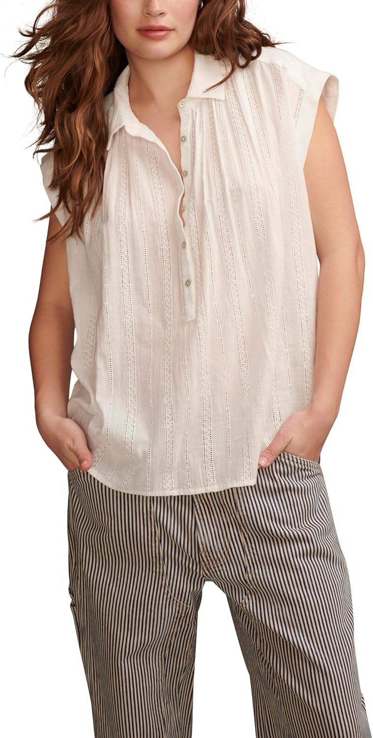 Lucky Brand Womens Lucky Brand Women's Solid Short Sleeve Popover W/Schiffli