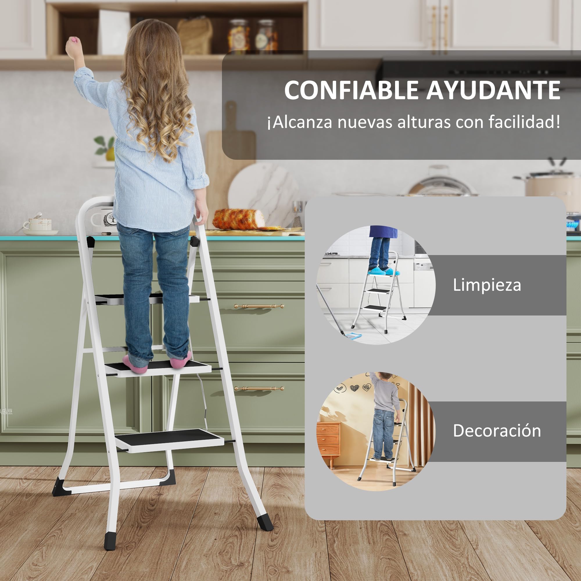 HOMCOM Escalera Plegable de 3 Peldaños Escalera de Tijera Carga hasta 150 kg con Pedal Antideslizante Fácil de Guardar y Transportar para Hogar Cocina Oficina Blanco