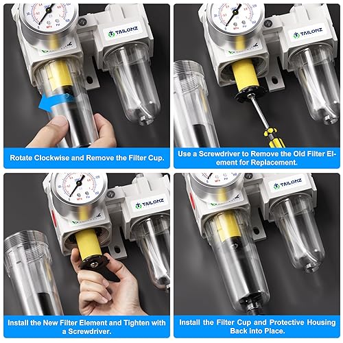 Miniatura 24 de TAILONZ PNEUMATIC Filtro de aire NPT de 3/8 pulgadas Regulador de presión Combo de separador de trampa de agua/aceite (0-145 PSI), filtro compresor