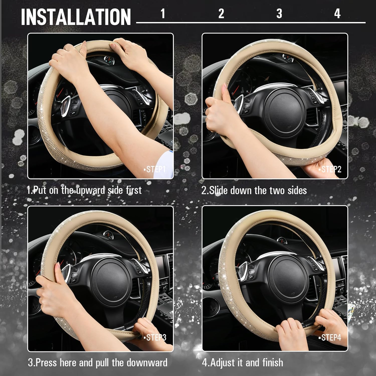 CAR PASS Bling Diamond Leather Steering Wheel Cover Beige Car Seat Covers, with Bling Sparkly Crystal Glitter Rhinestones Universal Fit 14" 1/2-15" Beige