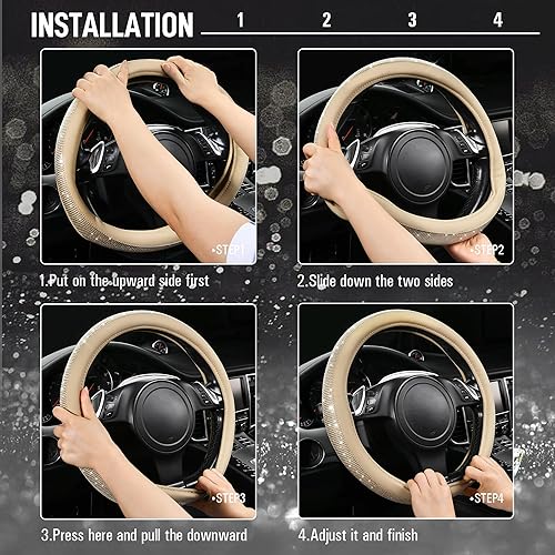 Miniatura 6 de CAR PASS Funda para volante de piel con diamantes brillantes, ajuste universal de 14 pulgadas, 12-15 pulgadas, protector de volante de automóvil