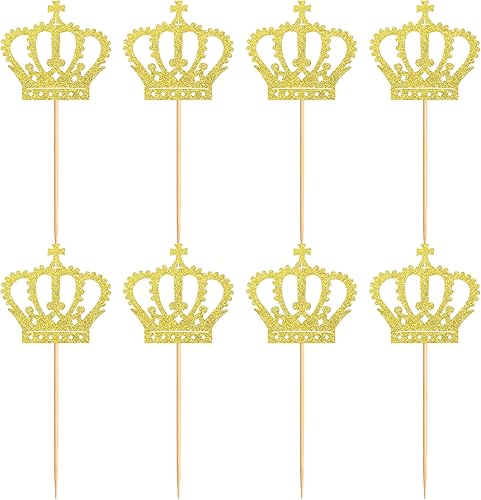 Miniatura 7 de Ercadio Paquete de 24 coronas para cupcakes con purpurina dorada, corona real del príncipe real, decoraciones para cupcakes con temática de