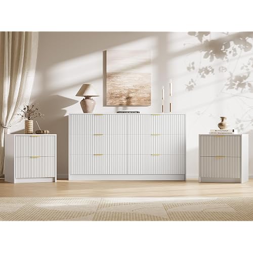 MAISONARIA 3-Piece Dresser Bedroom Set, 6 Drawer Dresser & 2 Drawer Nightstands with Gold Handles, Fluted Wood Chest of Drawers for Bedroom, Living Room, Entryway, White