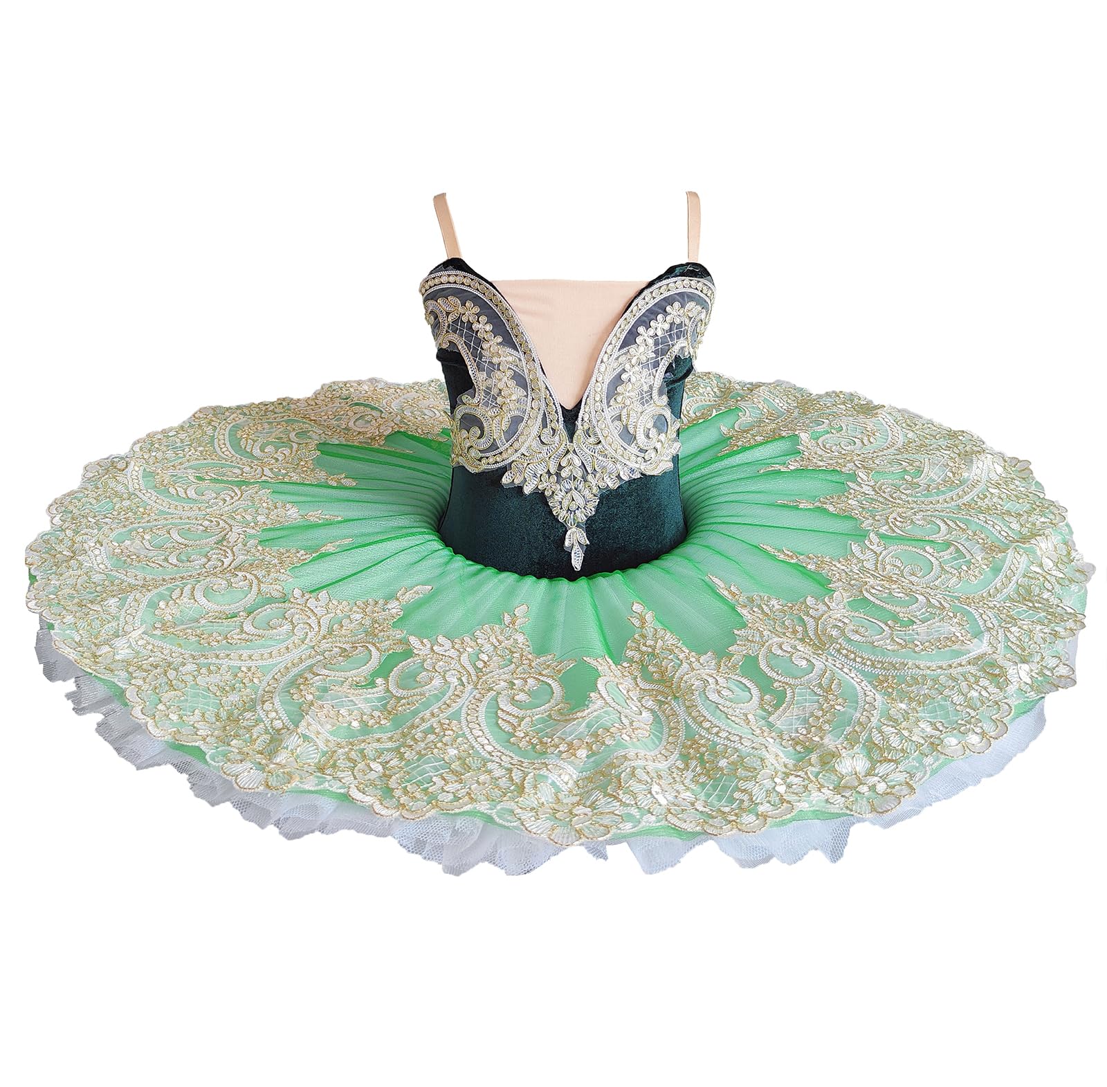 tutù Pancake Verde Velluto per Bambine Abito da Danza Classica Gonna in Tulle Ricamata Costume da Competizione