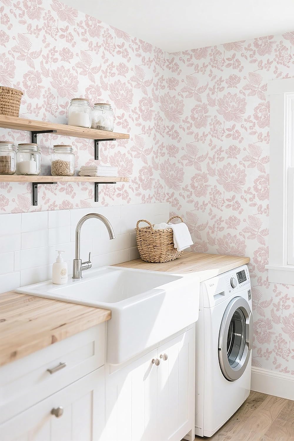 Safiyya Floral Peel and Stick Wallpaper Pink and White Contact Paper Modern Wall Paper Self Adhesive Farmhouse Removable Wallpaper for Bedroom Bathroom Vinyl Roll 17.3"x 78.7"