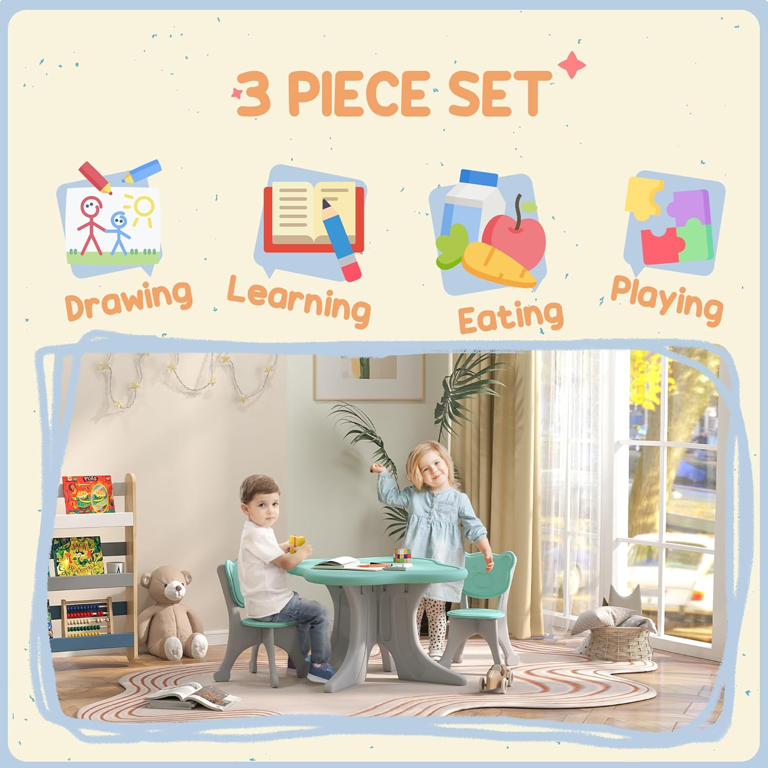Qaba Kids Table and Chair Set, 3 Piece Plastic Baby Activity Table, Toddler Art Table for 3-6 Years Old, Light Blue