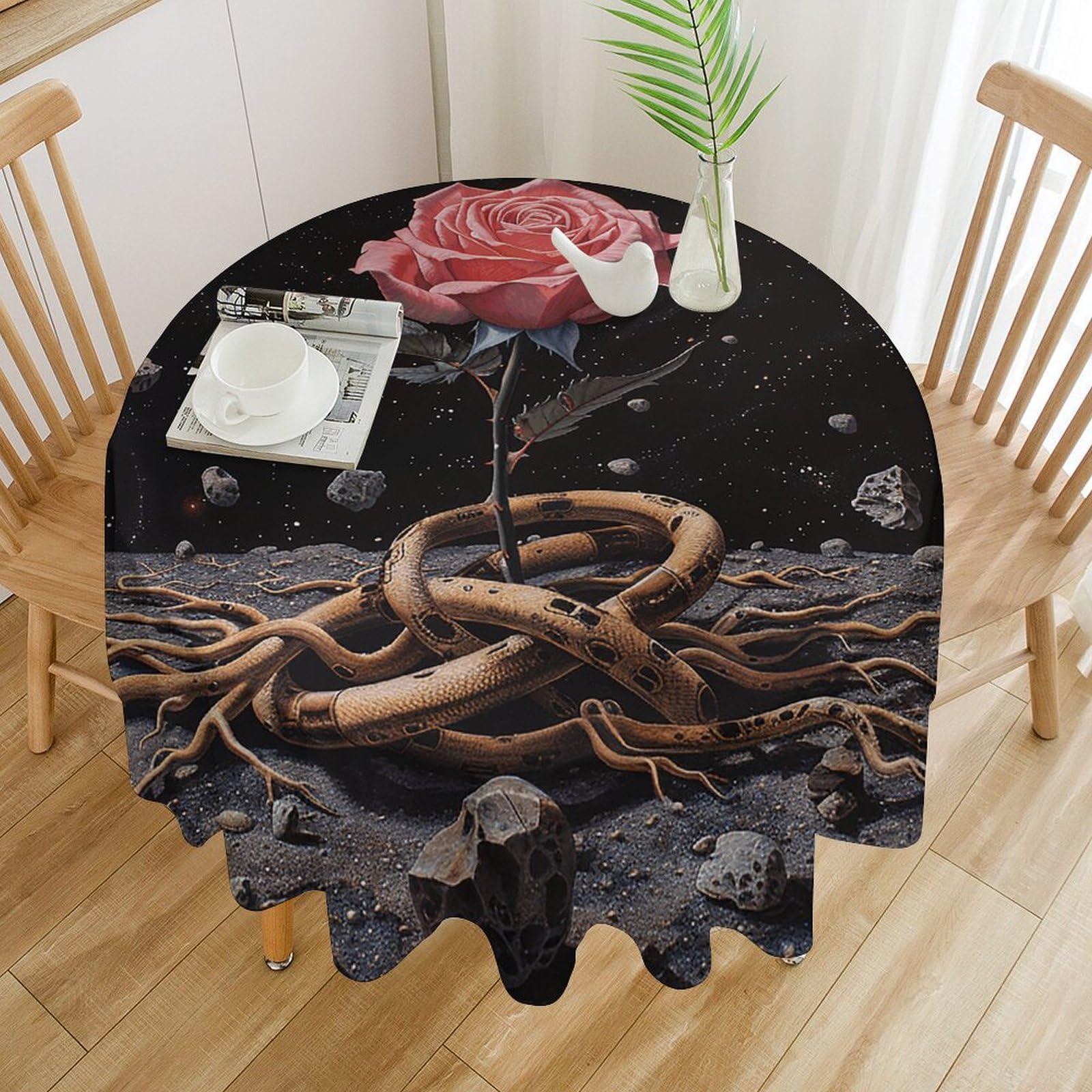 Nappe de table ronde résistante à l'huile au design artistique serpent et rose