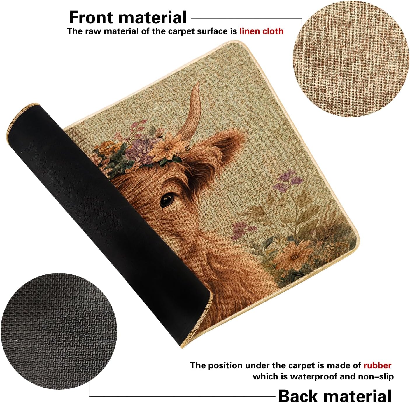 Rustic Highland Cows Front Black Door Mat Outside Inside Entrance 29 * 17, Vintage Floral Calf Outdoor Indoor Non Slip Doormat, Small Bulls Cattle Shoes Off Doormat for Patio Interior Garage