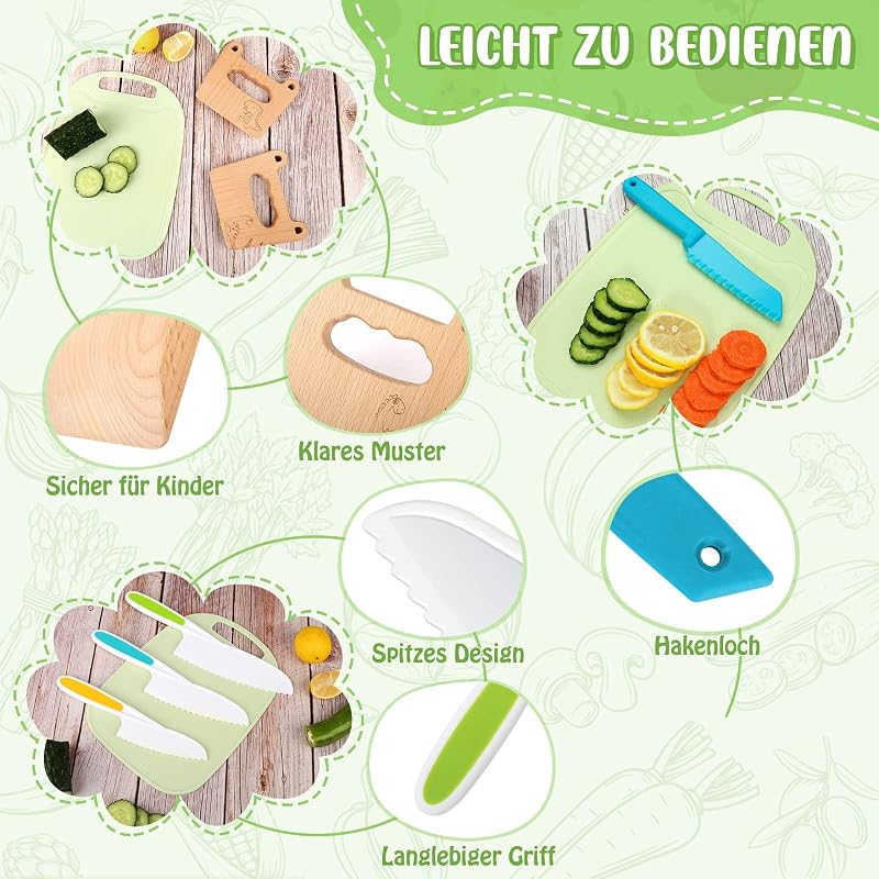 Goodchef 5 részes gyerekeknek való konyhai késkészlet - Dinoszáuros mintájú, biztonságos, fogazott élű műanyag és fa kések 2 éves kortól, zö