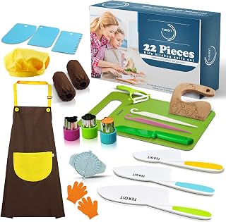22 PCS Complete Kids Knife Set for Real Cooking - Gloves Cutting Board Fruit Vegetable Cutters Serrated Edges Plastic Toddler Knifes, Cake Scraper, Dumpling Maker - Childproof Set
